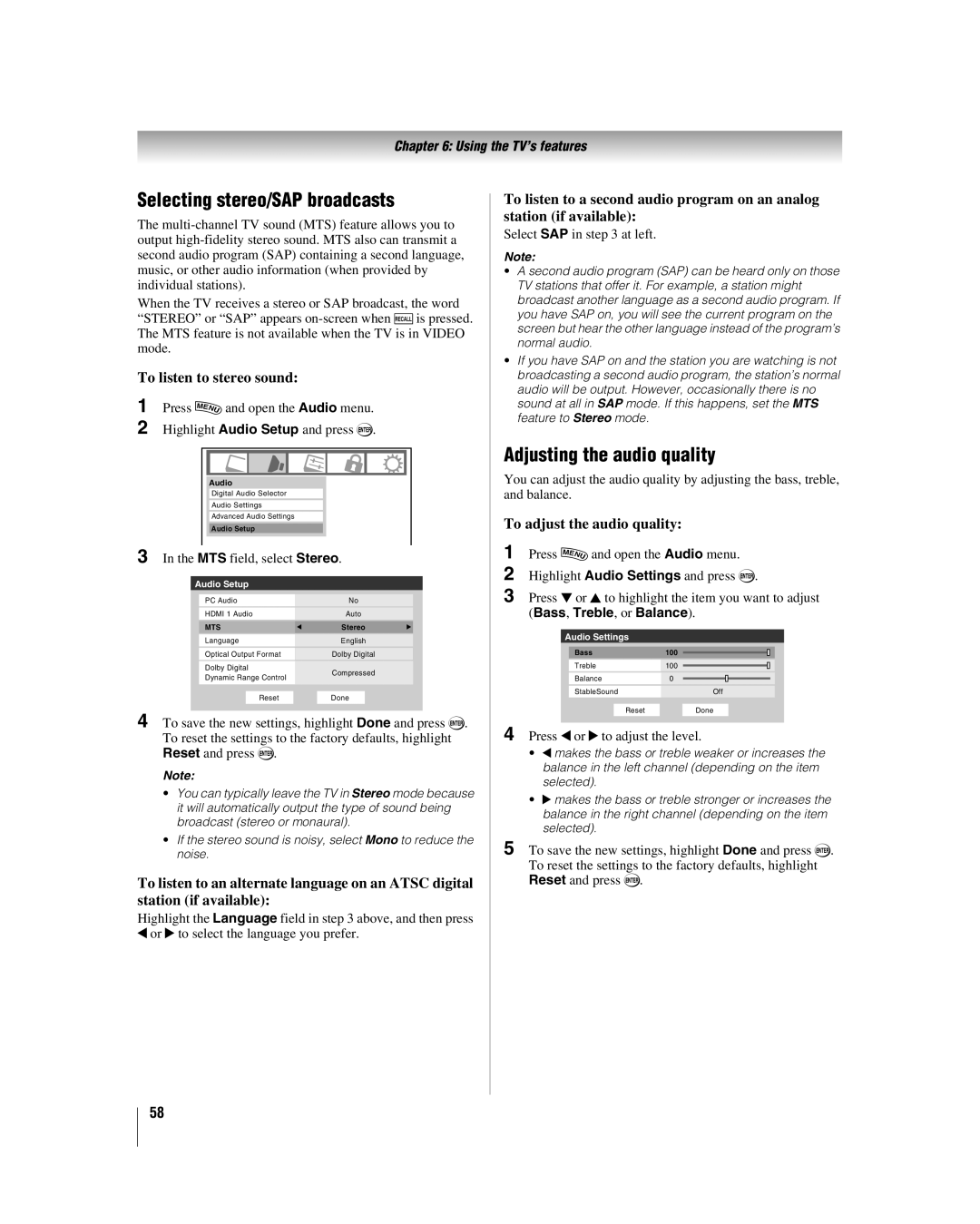 Toshiba 40RF350U manual Selecting stereo/SAP broadcasts, To listen to stereo sound, MTS field, select Stereo, At left 