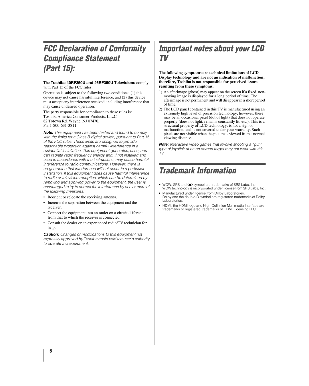 Toshiba 40RF350U manual Part, Important notes about your LCD TV, Trademark Information 