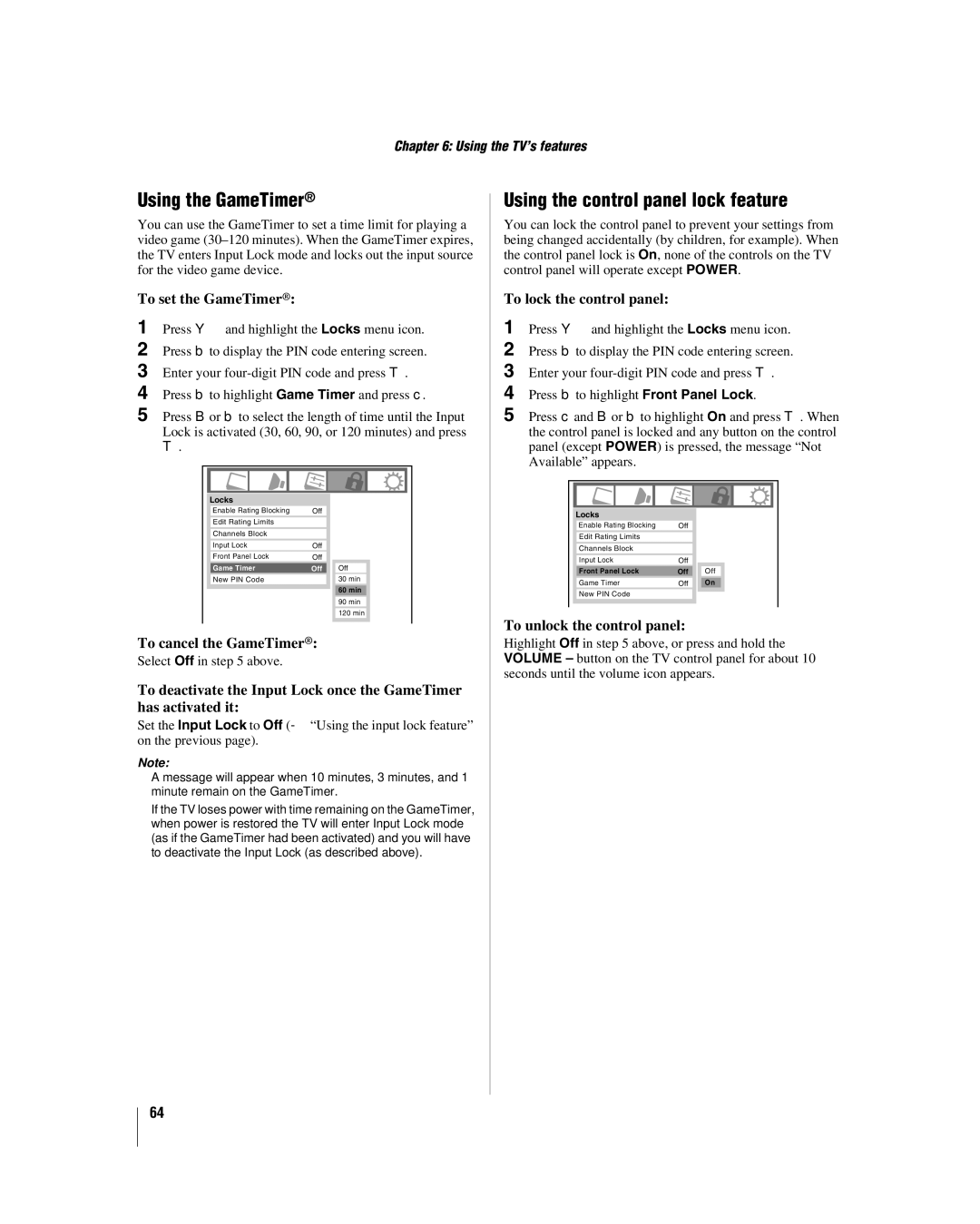 Toshiba 40RF350U manual Using the GameTimer, Using the control panel lock feature 