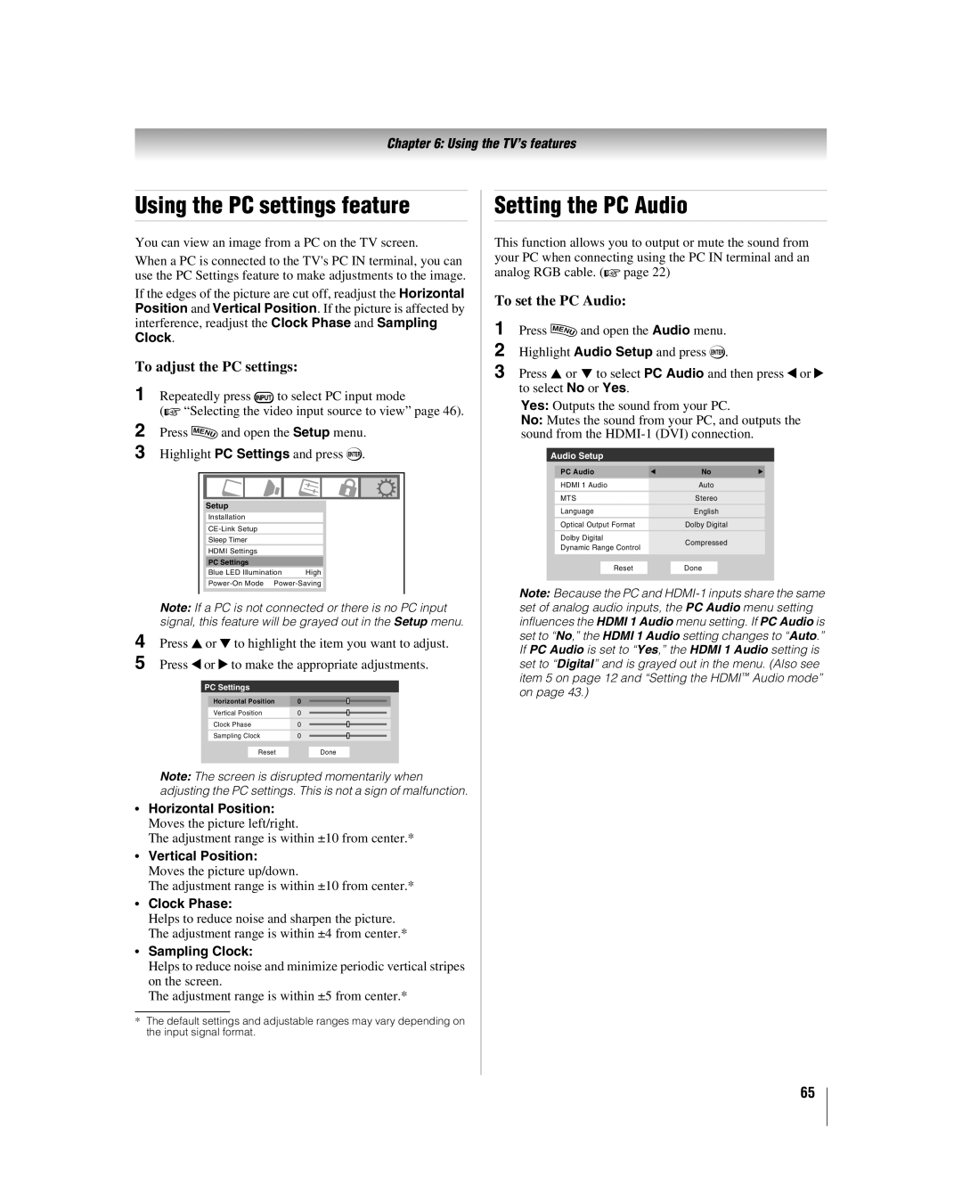 Toshiba 40RF350U manual Using the PC settings feature, Setting the PC Audio, To adjust the PC settings, To set the PC Audio 