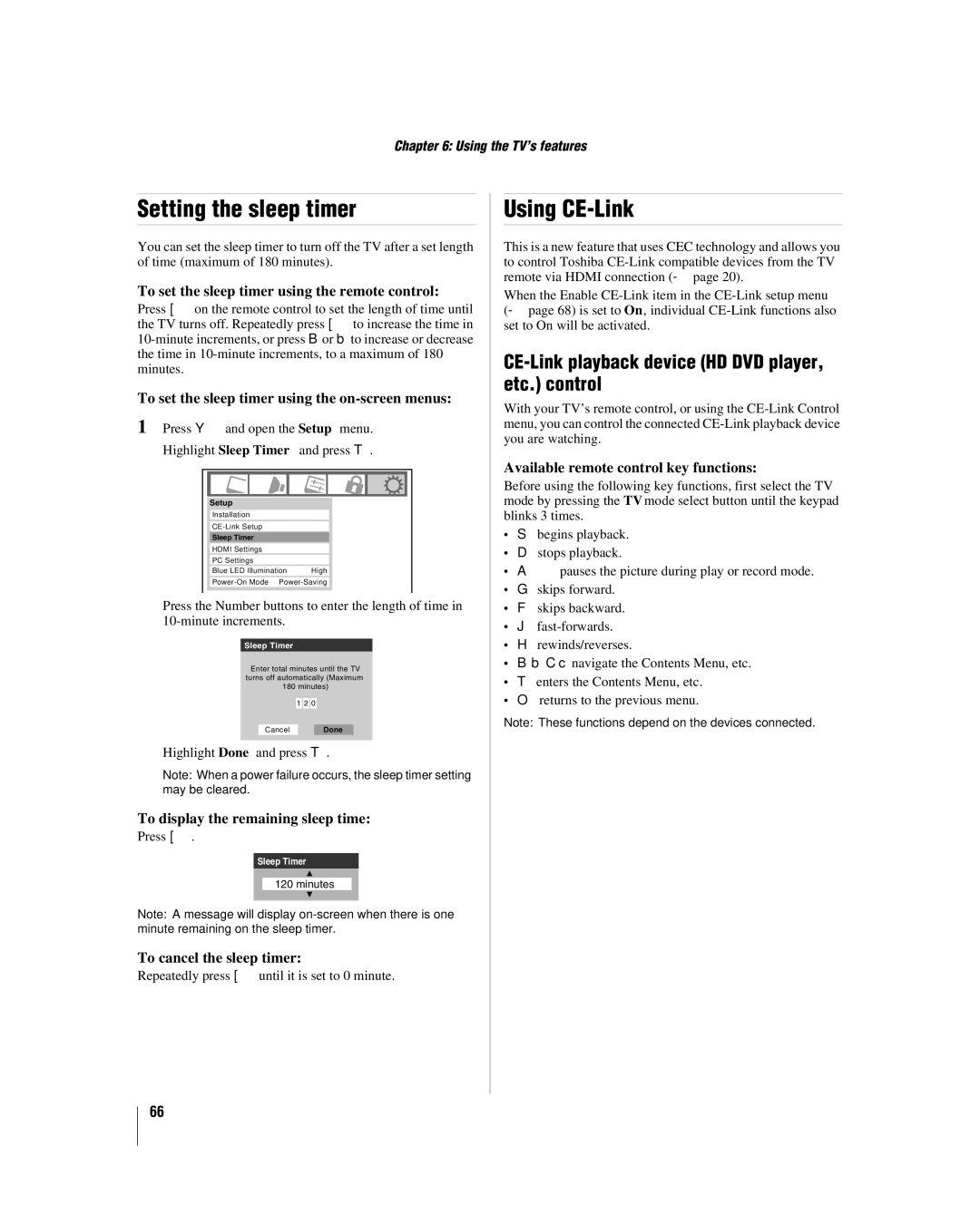 Toshiba 40RF350U manual Setting the sleep timer, Using CE-Link, CE-Link playback device HD DVD player, etc. control 