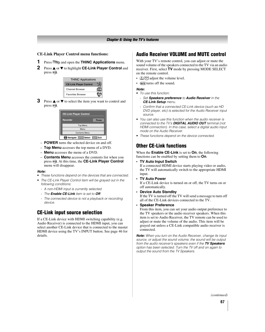 Toshiba 40RF350U manual CE-Link input source selection, Other CE-Link functions, CE-Link Player Control menu functions 