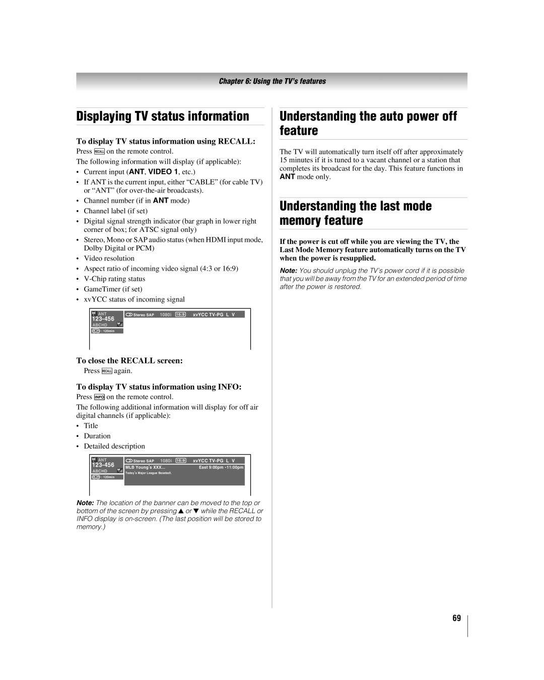 Toshiba 40RF350U manual Understanding the auto power off feature, Understanding the last mode memory feature 