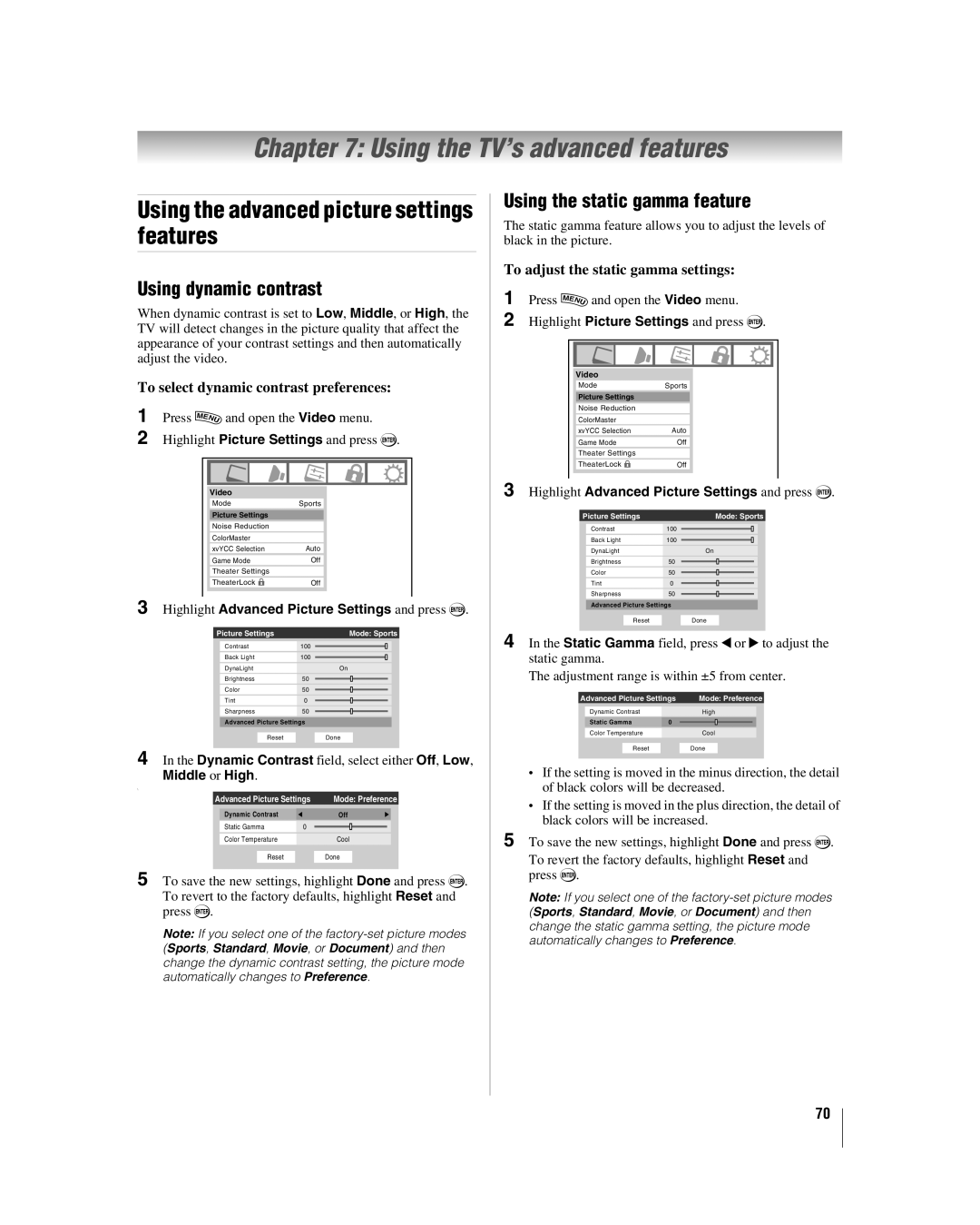 Toshiba 40RF350U Using the TV’s advanced features, Using the advanced picture settings features, Using dynamic contrast 