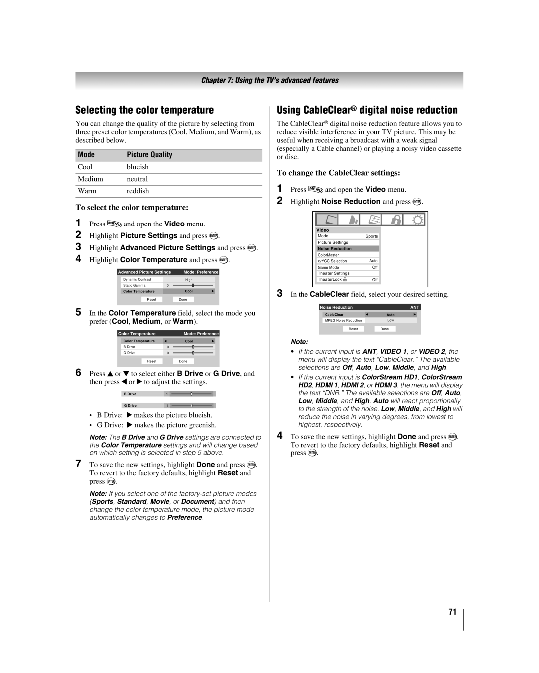 Toshiba 40RF350U manual Selecting the color temperature, Using CableClear digital noise reduction 