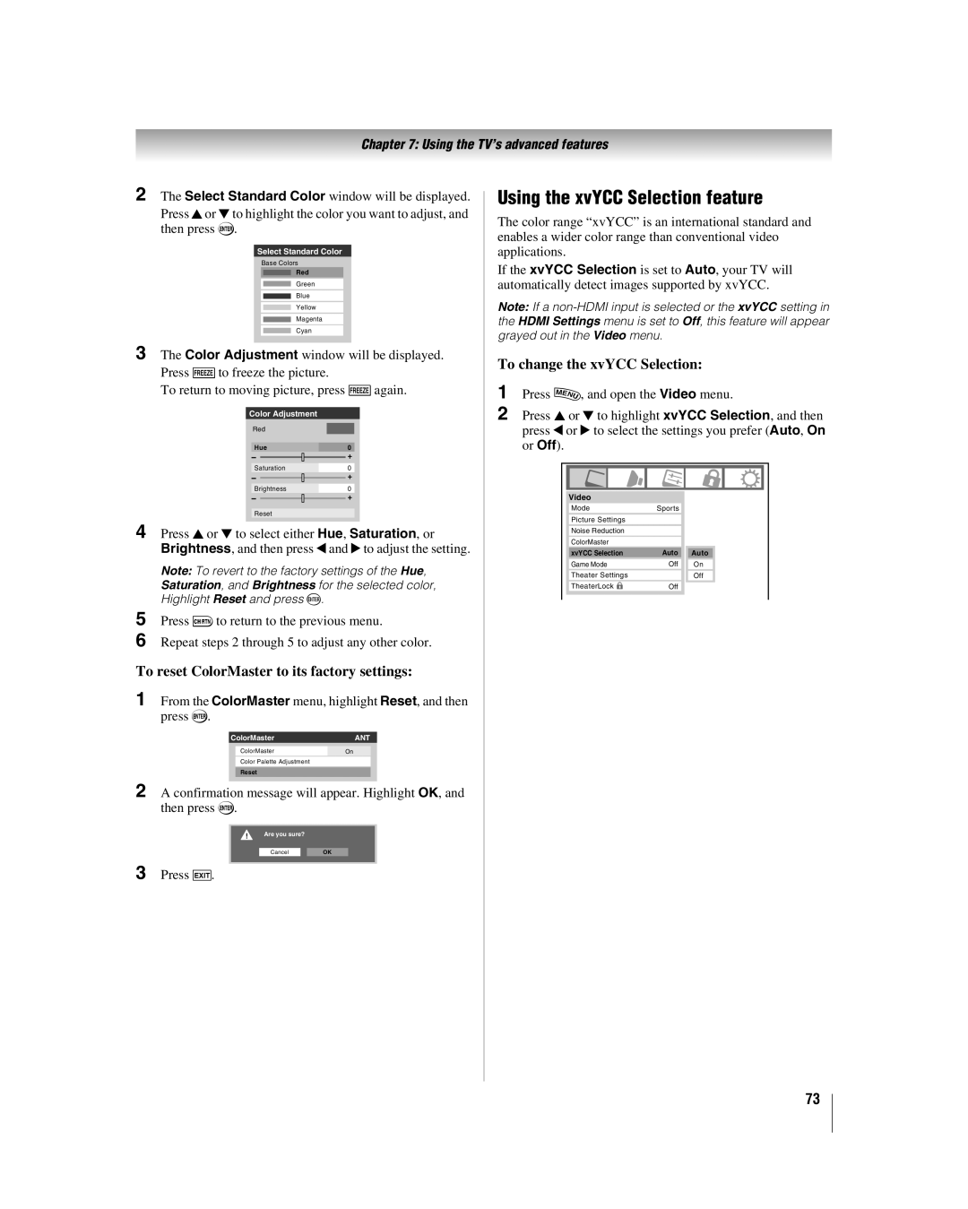 Toshiba 40RF350U manual Using the xvYCC Selection feature, To reset ColorMaster to its factory settings 