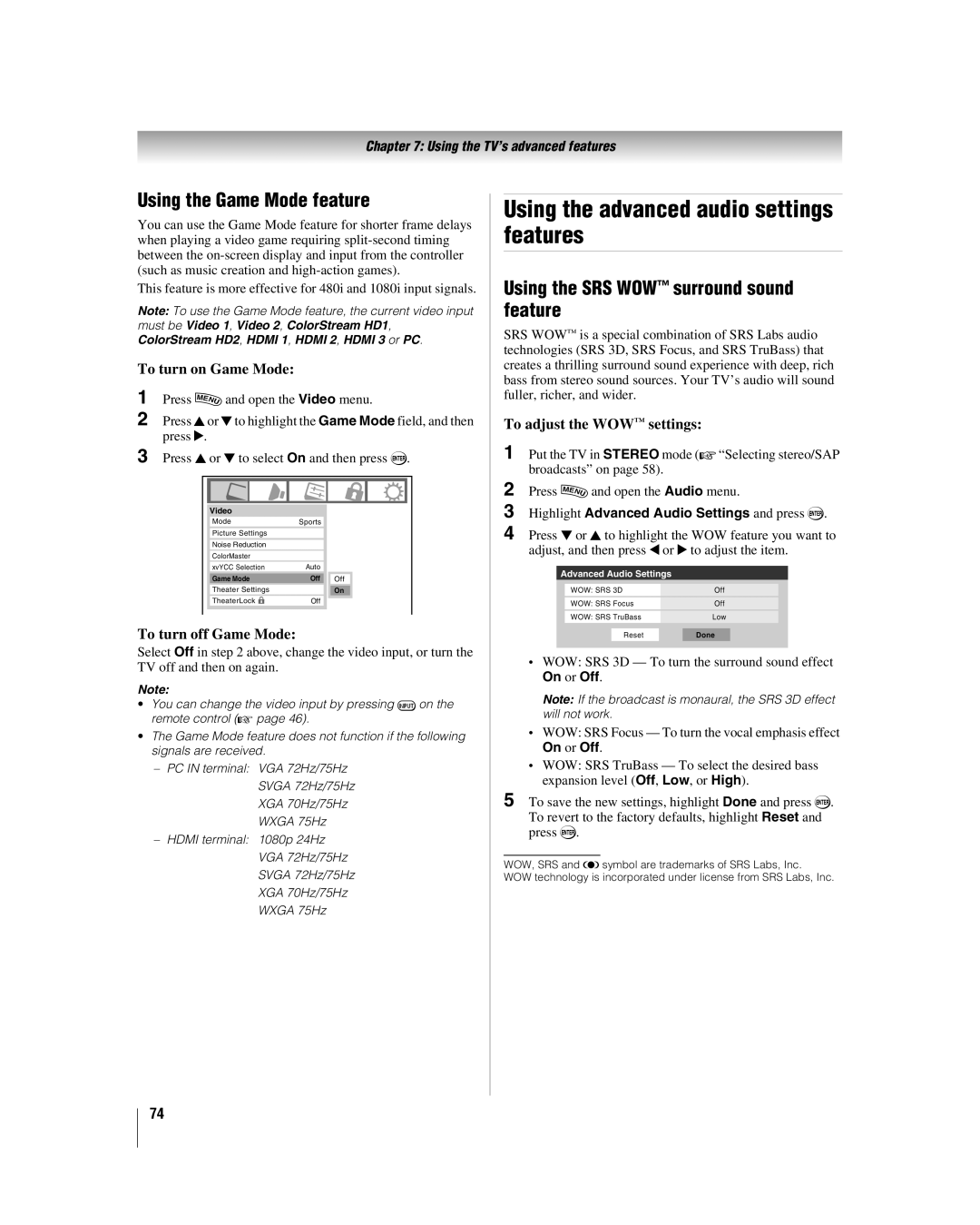 Toshiba 40RF350U manual Using the Game Mode feature, To turn on Game Mode, WOW SRS 3D To turn the surround sound effect 