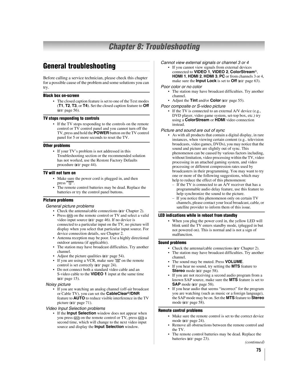 Toshiba 40RF350U manual Troubleshooting, General troubleshooting 