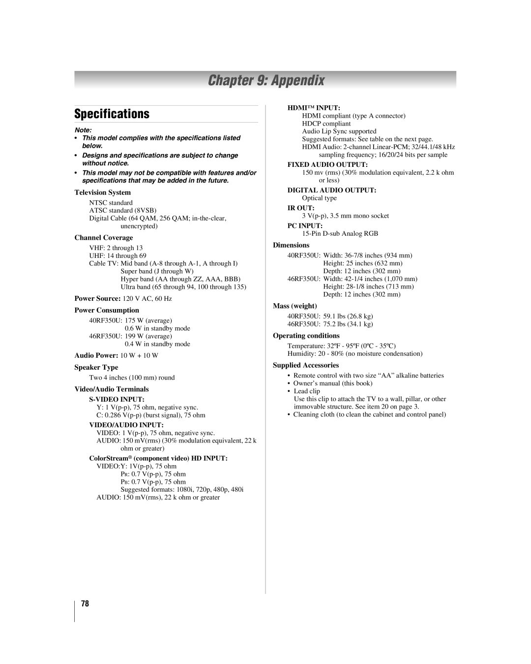 Toshiba 40RF350U manual Appendix, Specifications 