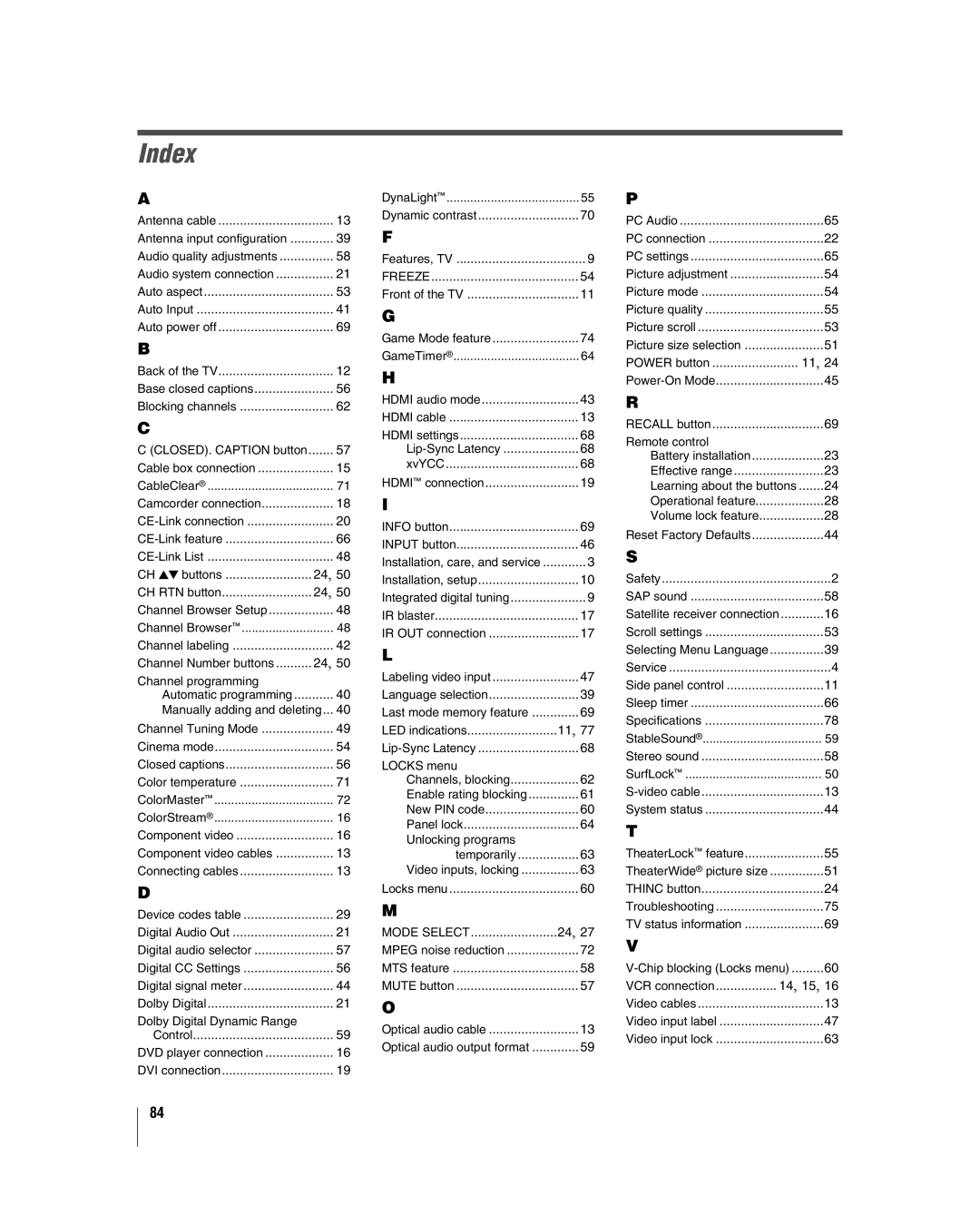 Toshiba 40RF350U manual Index, Freeze 