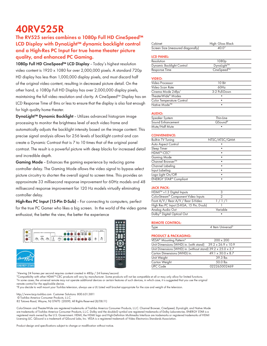 Toshiba 40RV525R manual LCD Panel, Video, Audio, Convenience, Jack Pack, Remote Control, Product & Packaging 