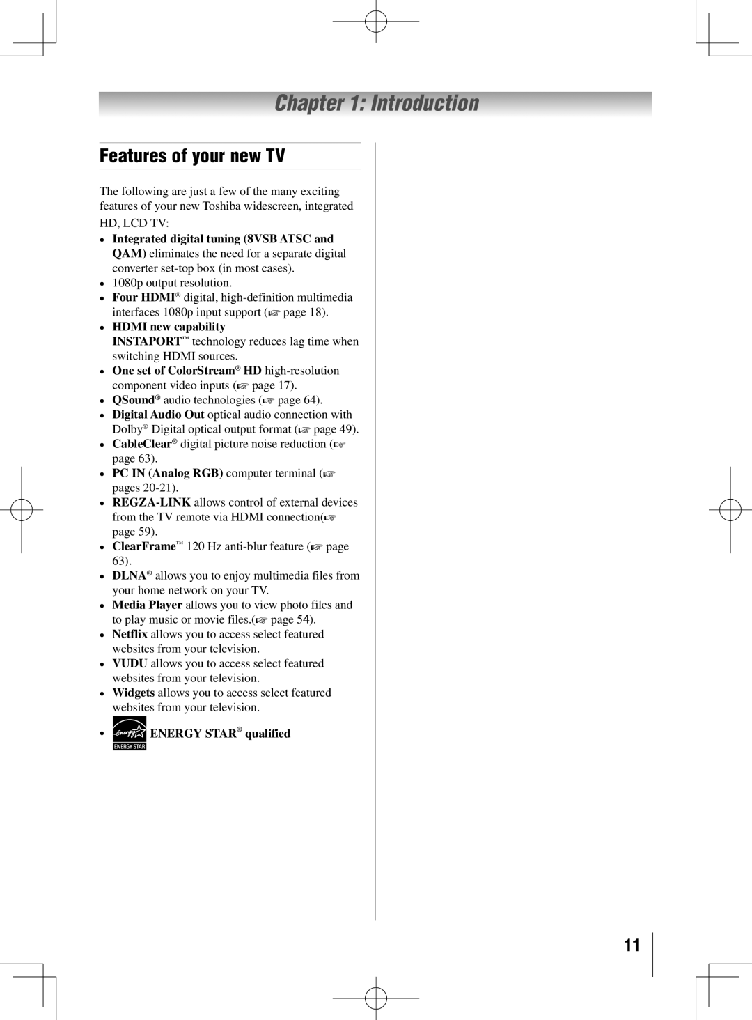 Toshiba 46UL605U, 40UL605U Introduction, Features of your new TV, 1080p output resolution, QSound audio technologies  