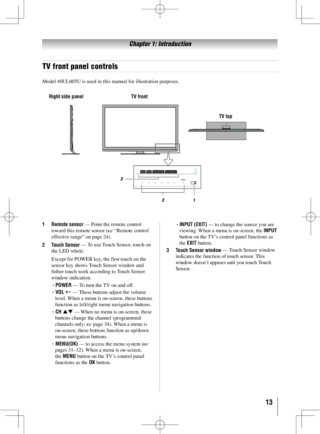 Toshiba 55UL605U, 40UL605U, 46UL605U owner manual TV front panel controls, Right side panel, TV top 