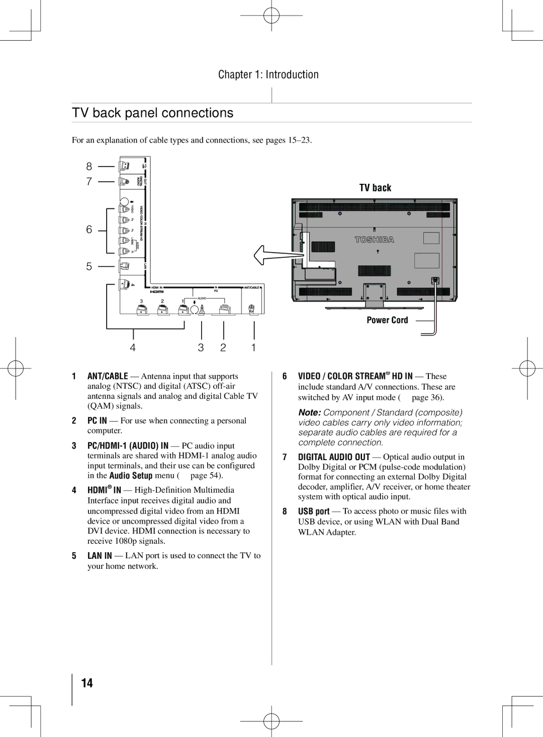 Toshiba 46UL605U, 40UL605U, 55UL605U owner manual TV back panel connections, Power Cord 