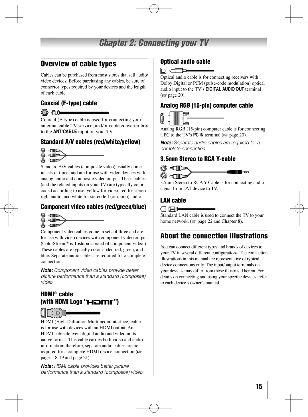 Toshiba 40UL605U, 55UL605U, 46UL605U Connecting your TV, Overview of cable types, About the connection illustrations 