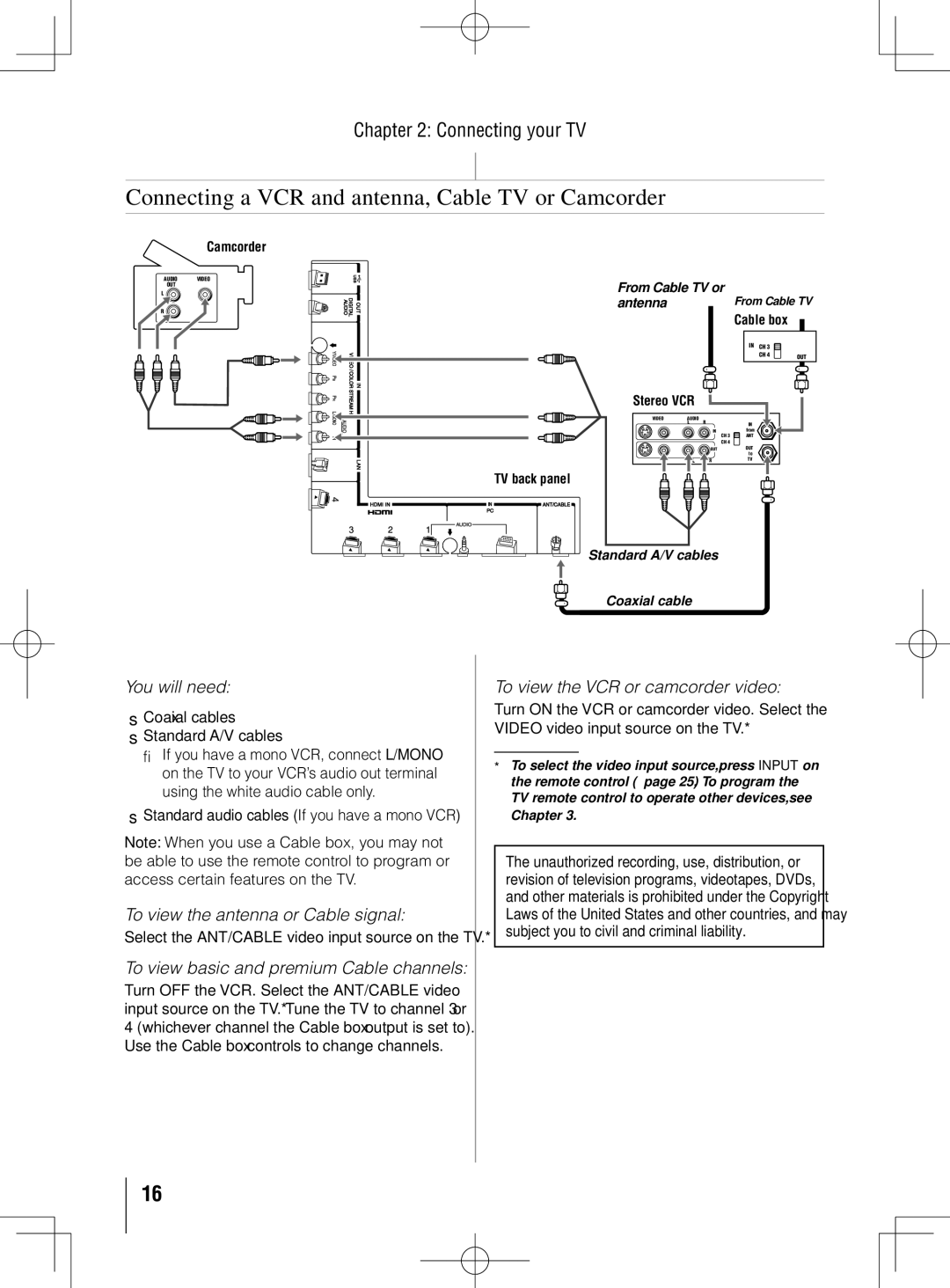 Toshiba 55UL605U Connecting a VCR and antenna, Cable TV or Camcorder, You will need, To view the antenna or Cable signal 