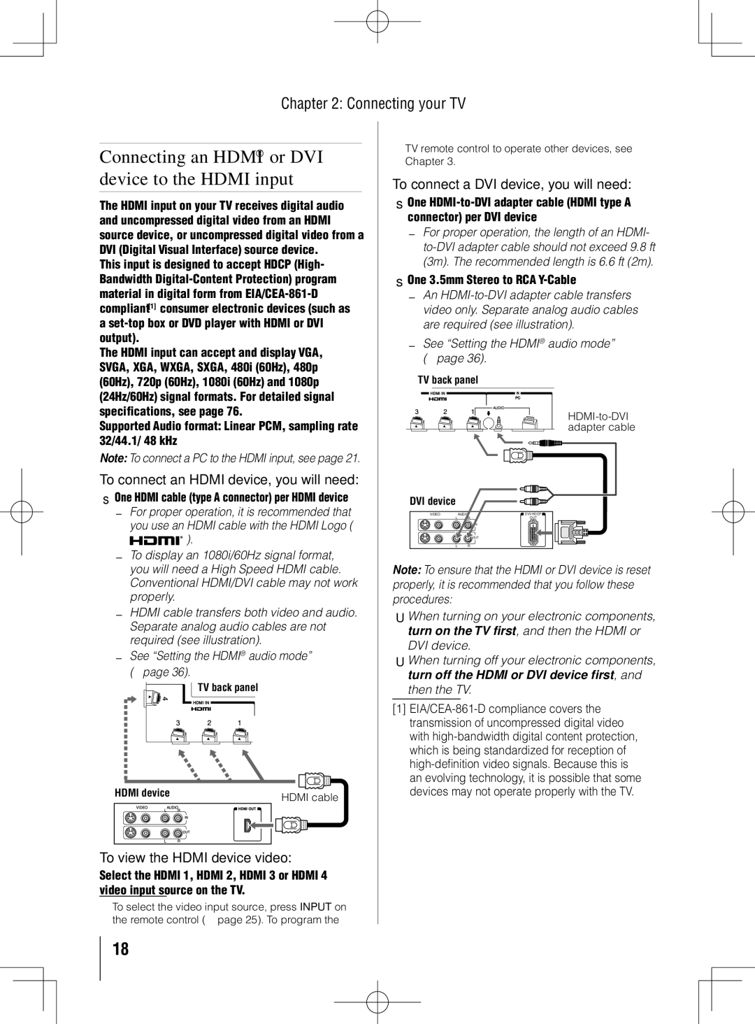 Toshiba 40UL605U, 55UL605U, 46UL605U To connect a DVI device, you will need, To connect an Hdmi device, you will need 