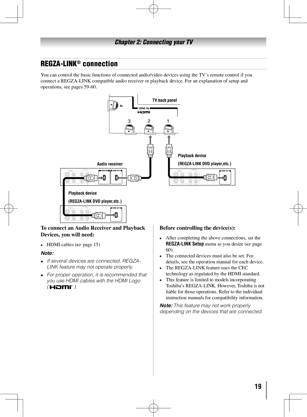 Toshiba 55UL605U, 40UL605U, 46UL605U owner manual REGZA-LINKconnection, Before controlling the devices, Hdmi cables  