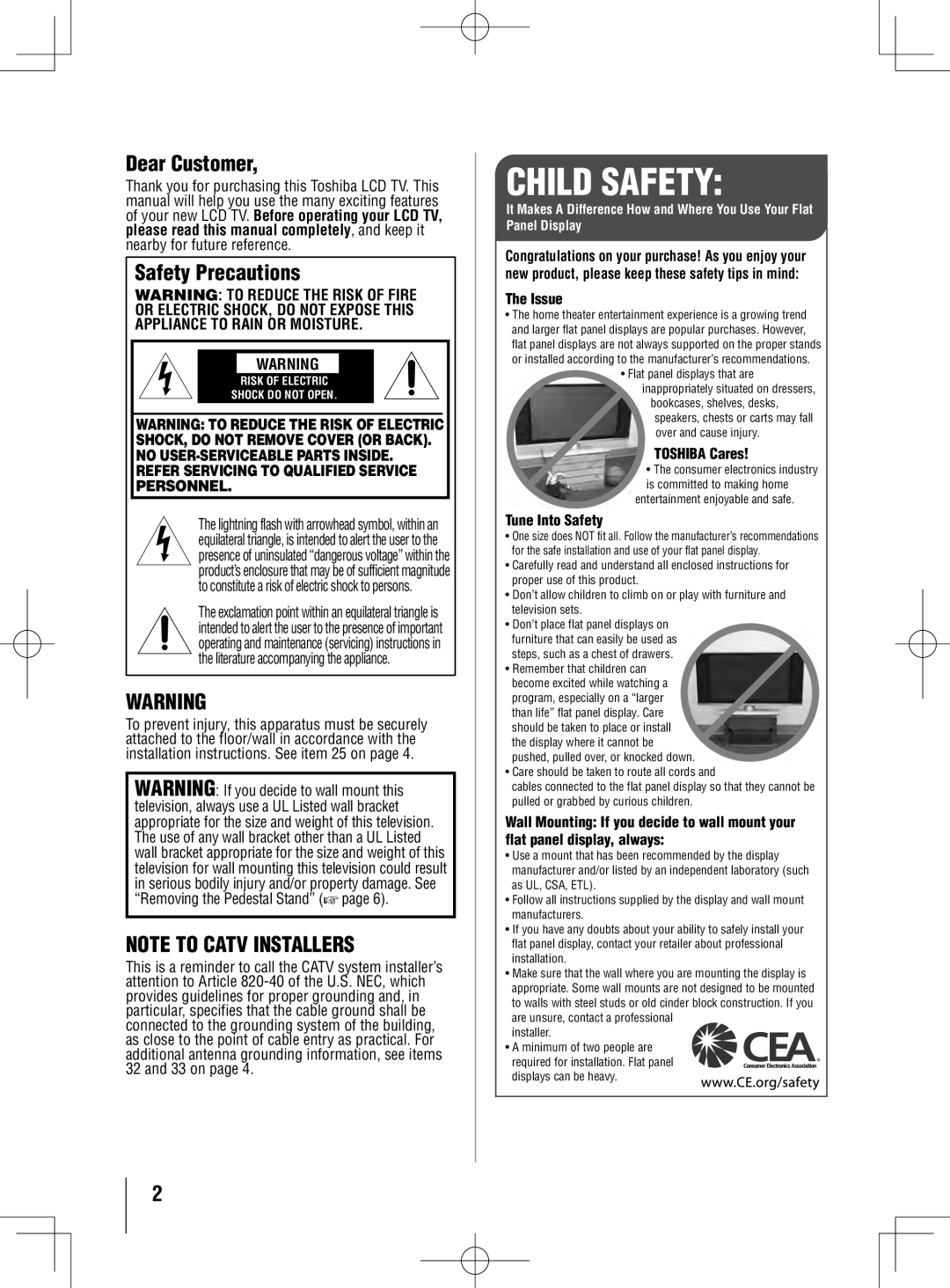 Toshiba 46UL605U, 40UL605U, 55UL605U owner manual Dear Customer, Safety Precautions 