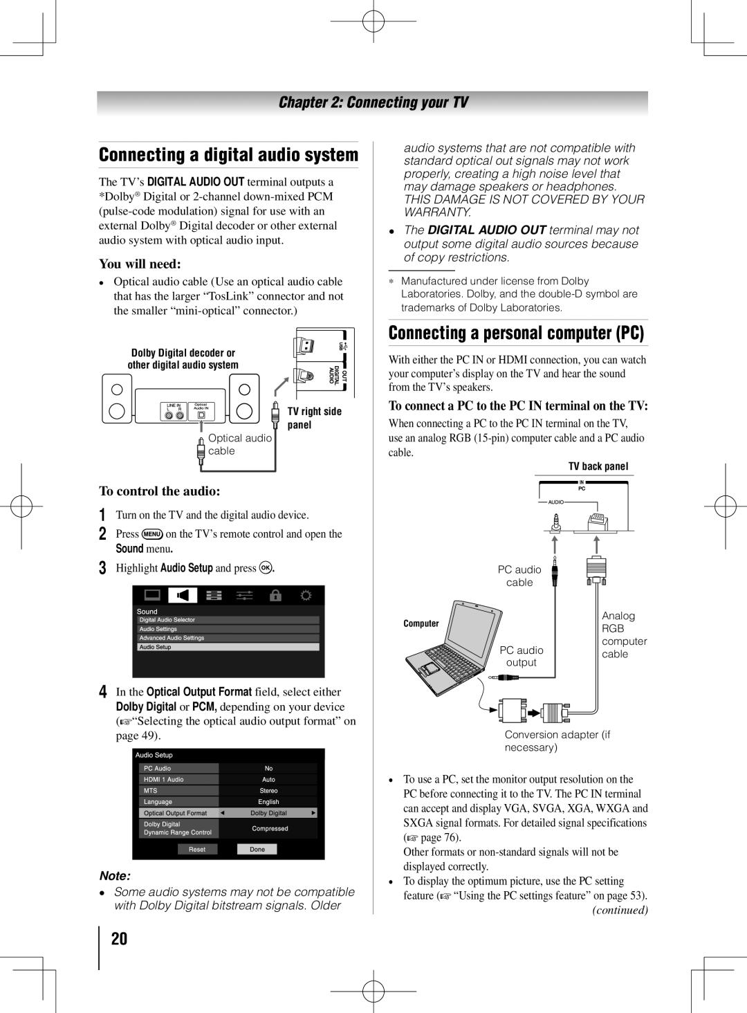 Toshiba 46UL605U Connecting a personal computer PC, Connecting a digital audio system, To control the audio, Sound menu 