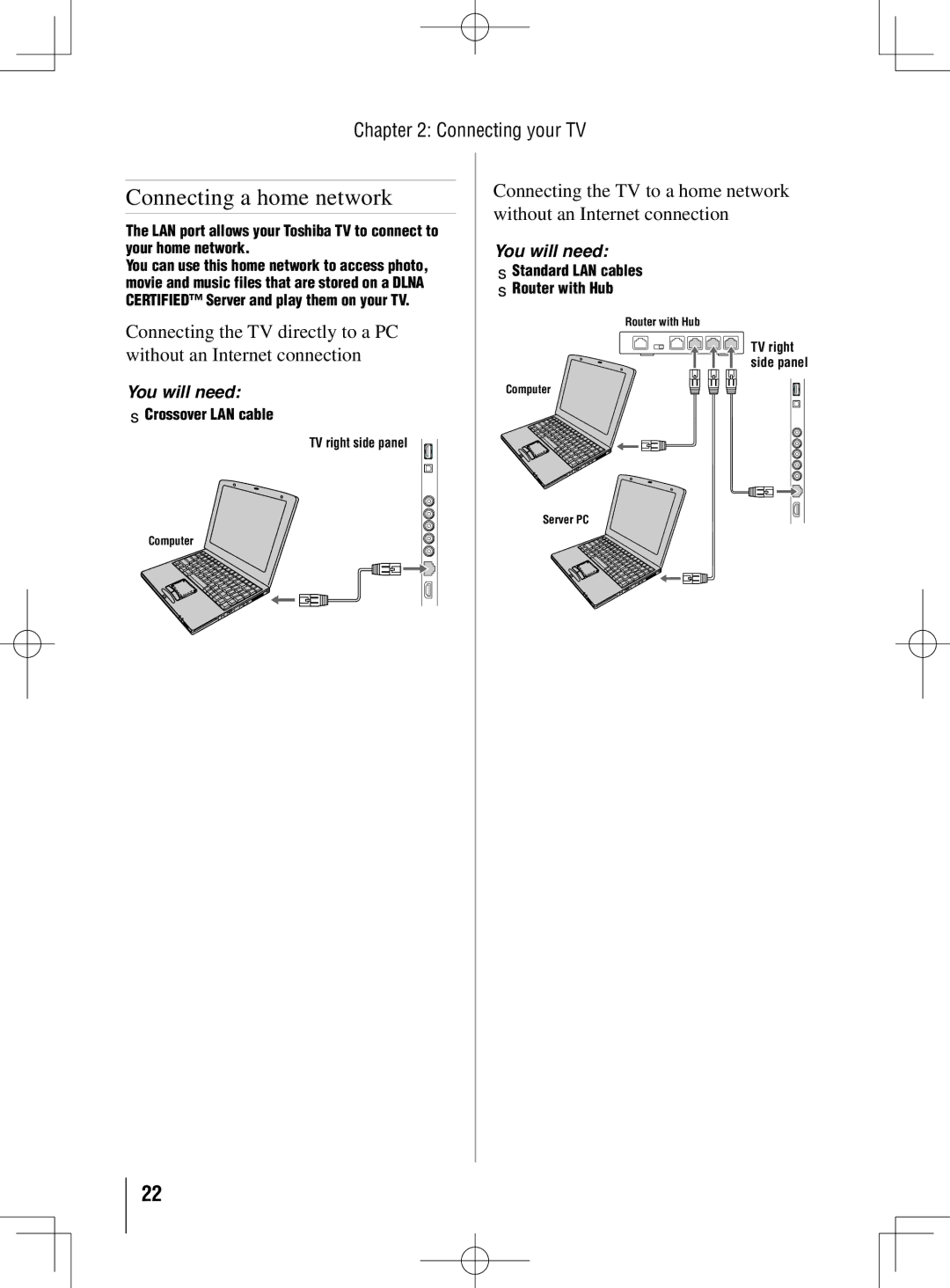 Toshiba 55UL605U, 40UL605U, 46UL605U Connecting a home network, Crossover LAN cable, Standard LAN cables Router with Hub 