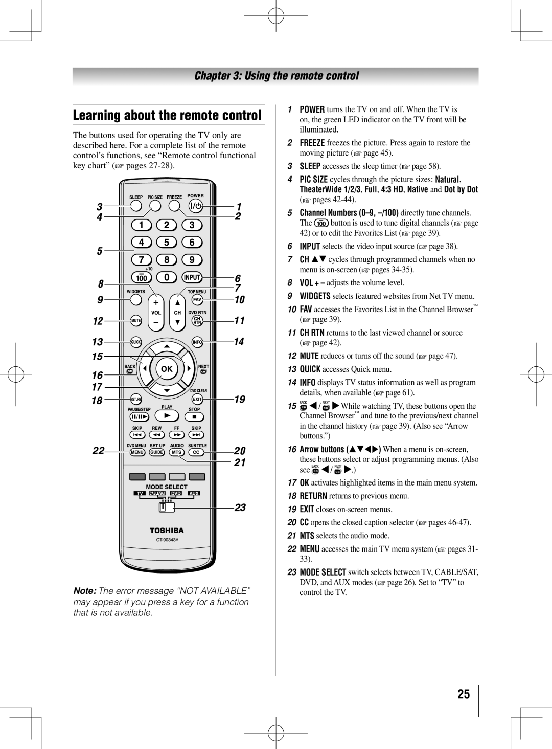 Toshiba 55UL605U, 40UL605U Learning about the remote control, 5無 Channel Numbers 0-9, -/100 directly tune channels, See 