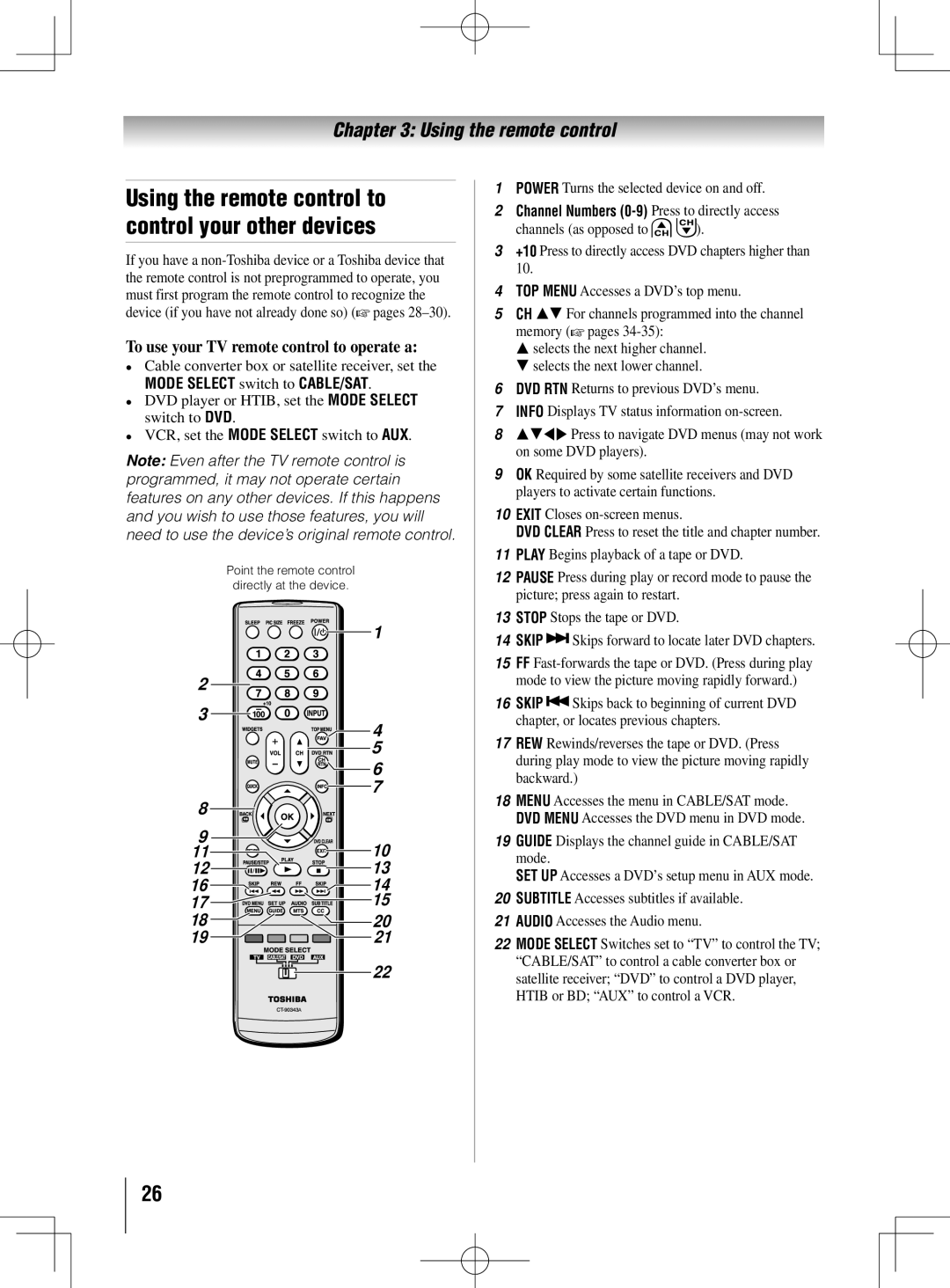 Toshiba 46UL605U Using the remote control to control your other devices, To use your TV remote control to operate a 