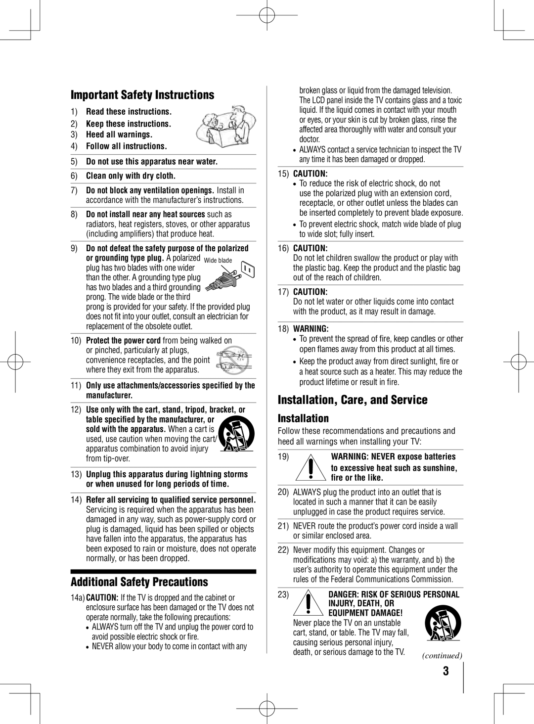 Toshiba 40UL605U, 55UL605U Important Safety Instructions, Additional Safety Precautions, Installation, Care, and Service 