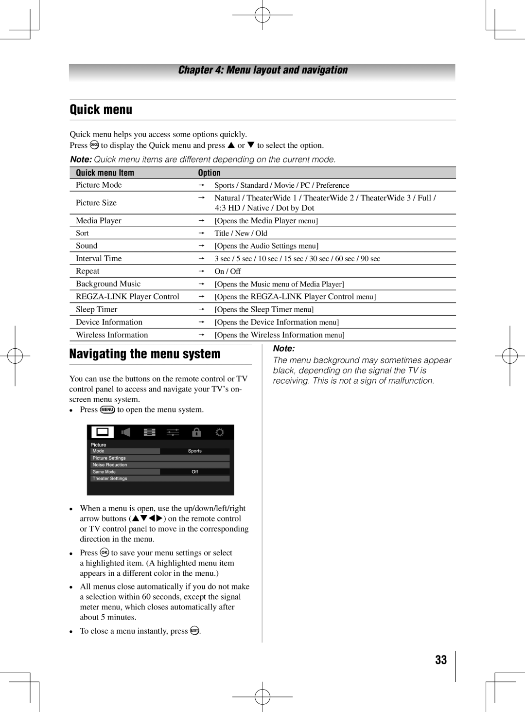 Toshiba 40UL605U, 55UL605U, 46UL605U owner manual Navigating the menu system, Quick menu Item Option 