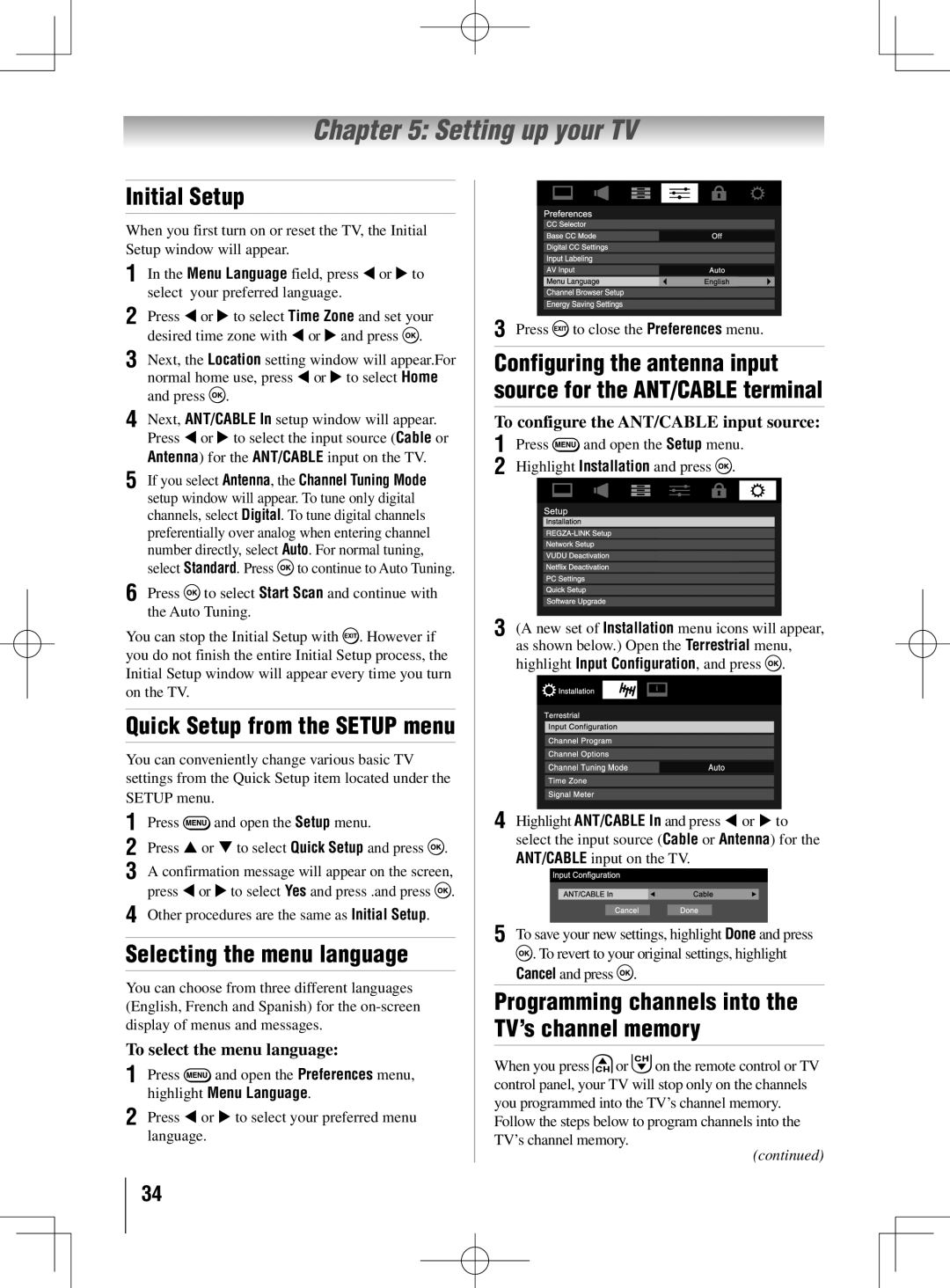 Toshiba 55UL605U, 40UL605U Setting up your TV, Initial Setup, Selecting the menu language, Quick Setup from the Setup menu 