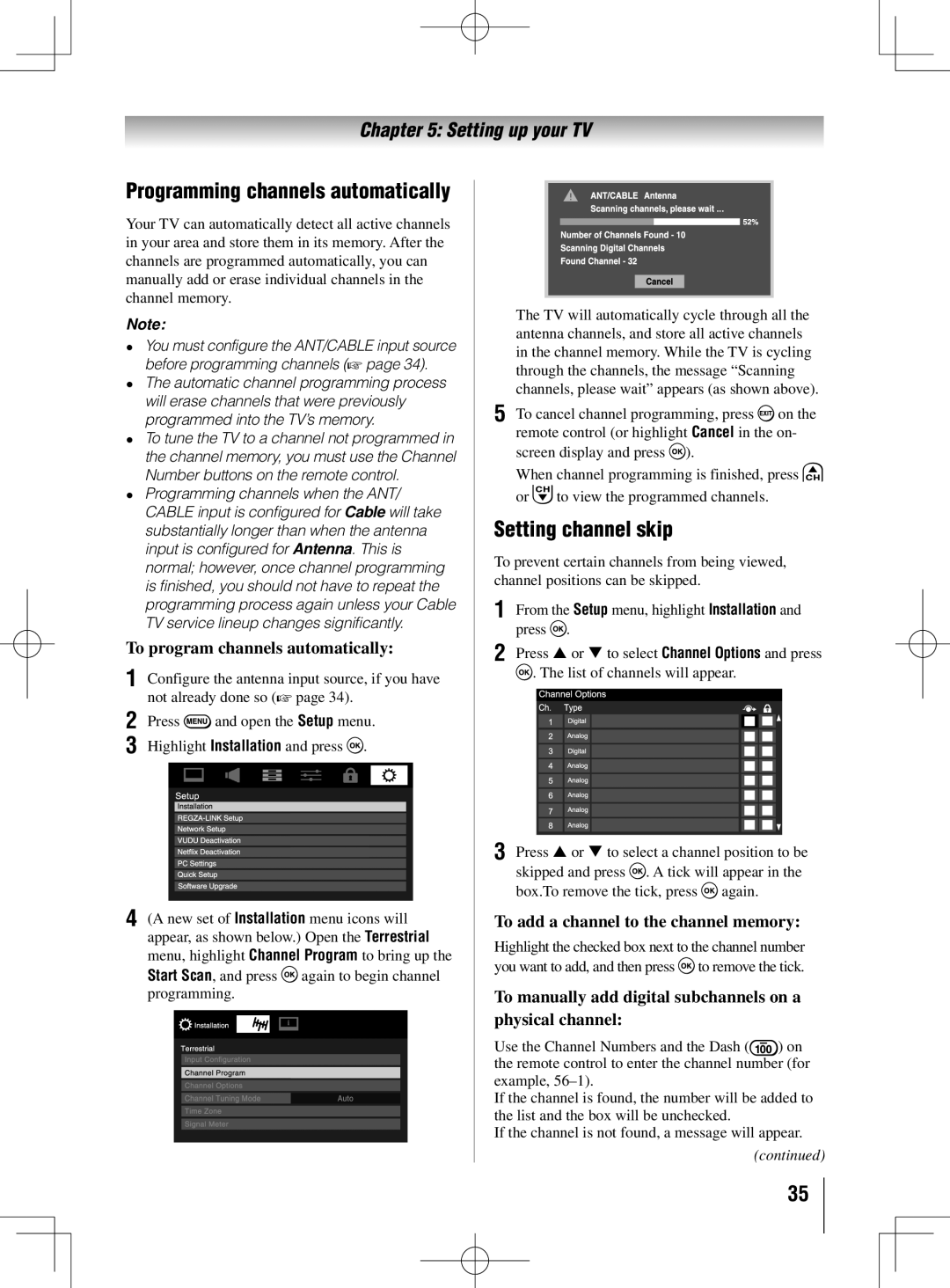 Toshiba 46UL605U, 40UL605U Setting channel skip, Programming channels automatically, To program channels automatically 