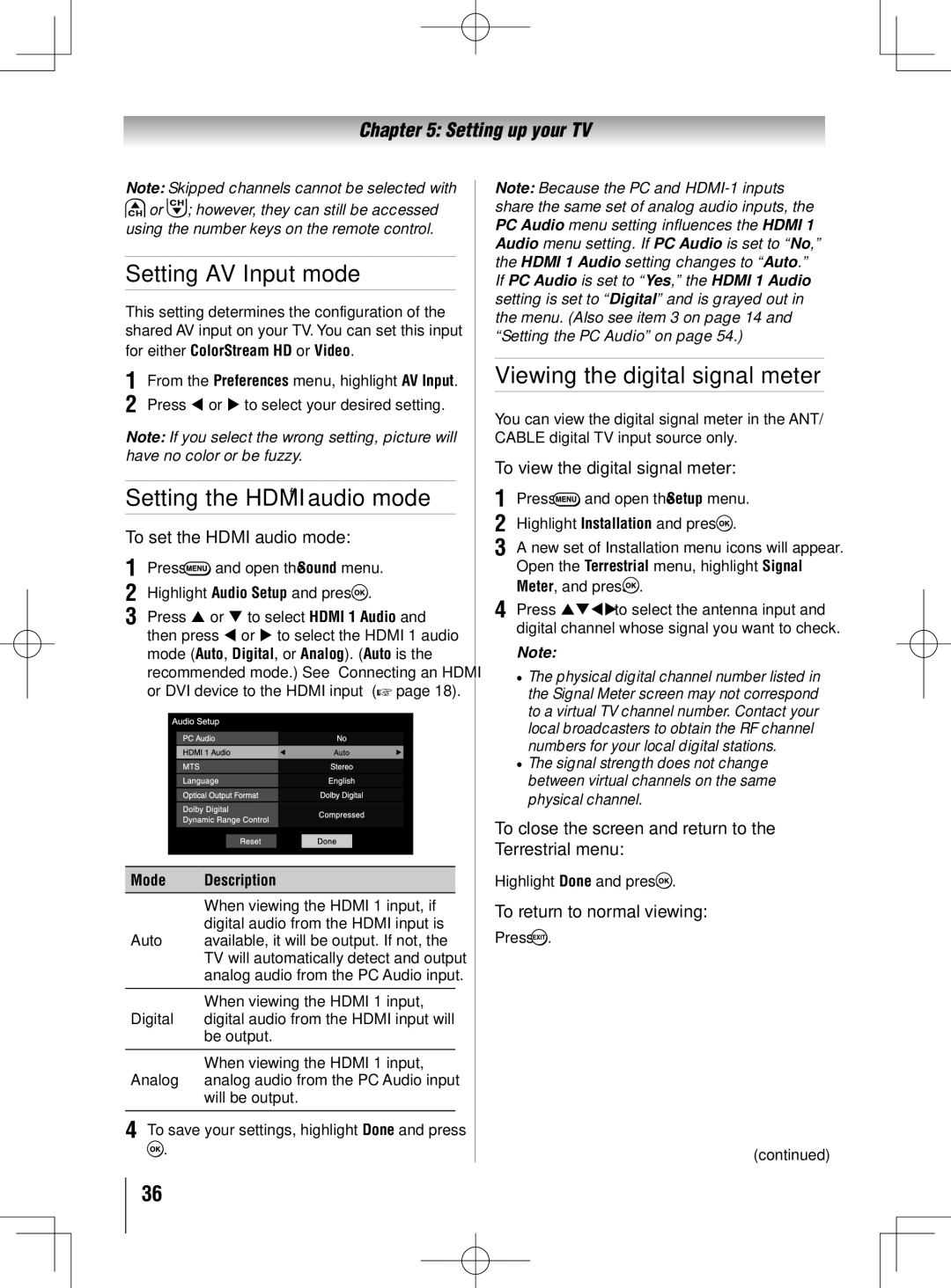 Toshiba 40UL605U, 55UL605U, 46UL605U Setting AV Input mode, Setting the Hdmi audio mode, Viewing the digital signal meter 