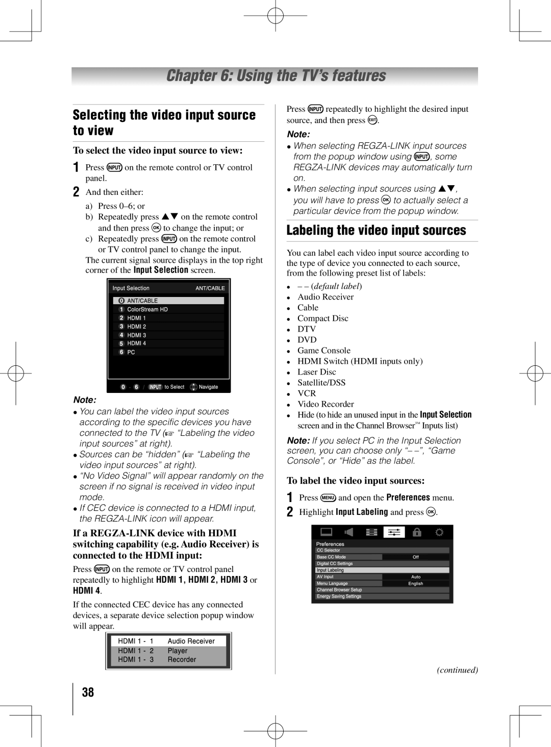 Toshiba 46UL605U Using the TV’s features, Selecting the video input source to view, Labeling the video input sources 