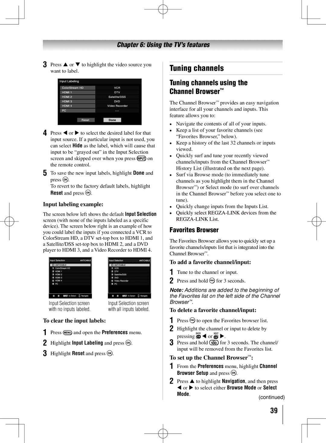 Toshiba 40UL605U, 55UL605U, 46UL605U owner manual Tuning channels using Channel Browser, Favorites Browser 