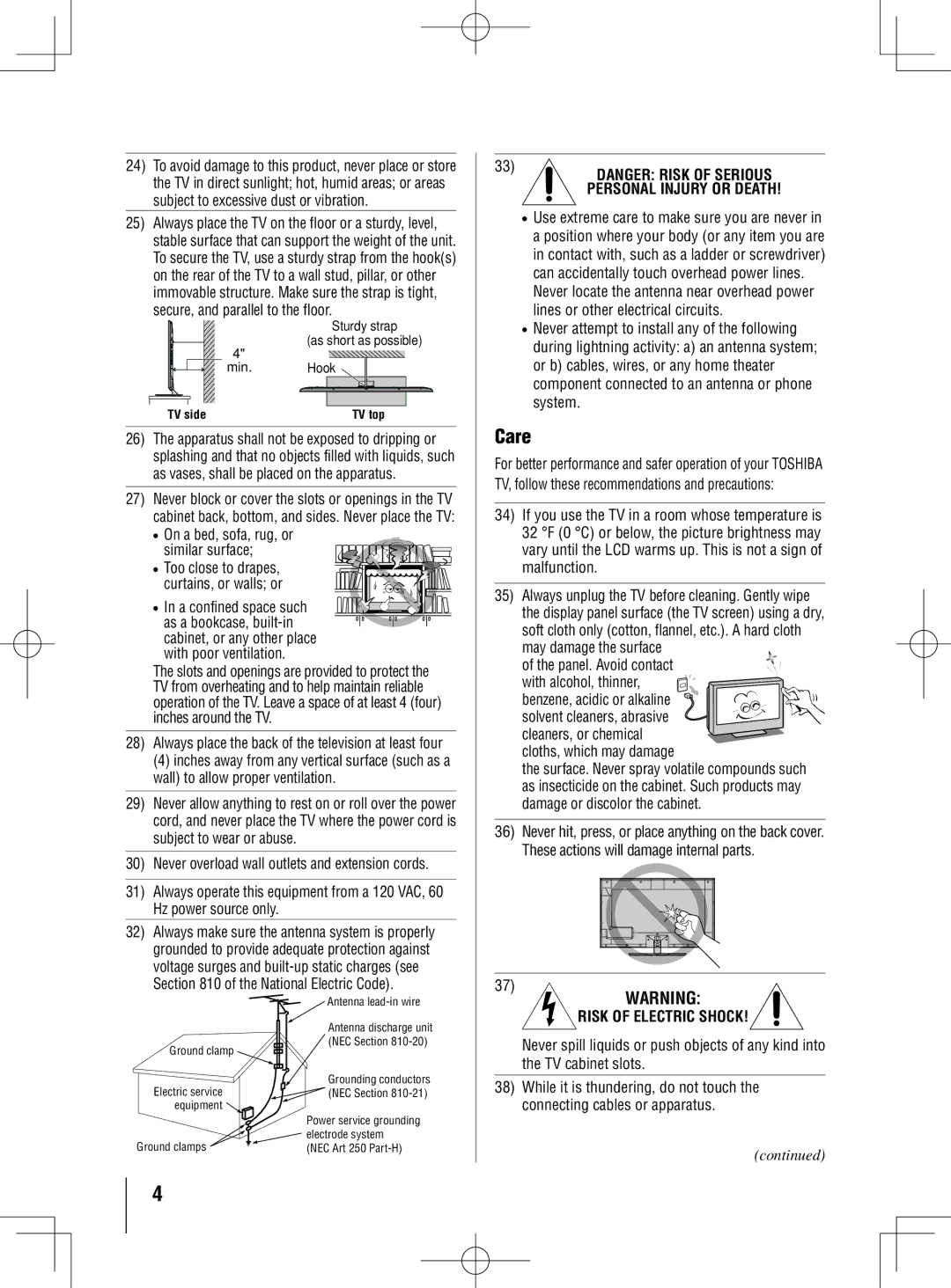 Toshiba 55UL605U, 40UL605U, 46UL605U owner manual Care, Secure, and parallel to the floor 