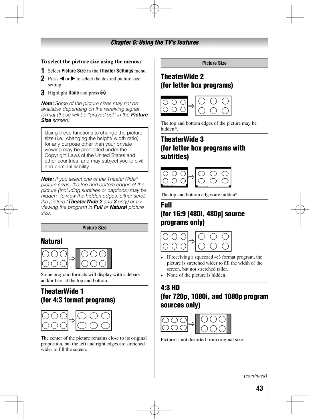 Toshiba 55UL605U, 40UL605U, 46UL605U Natural, TheaterWide For 43 format programs, TheaterWide For letter box programs 