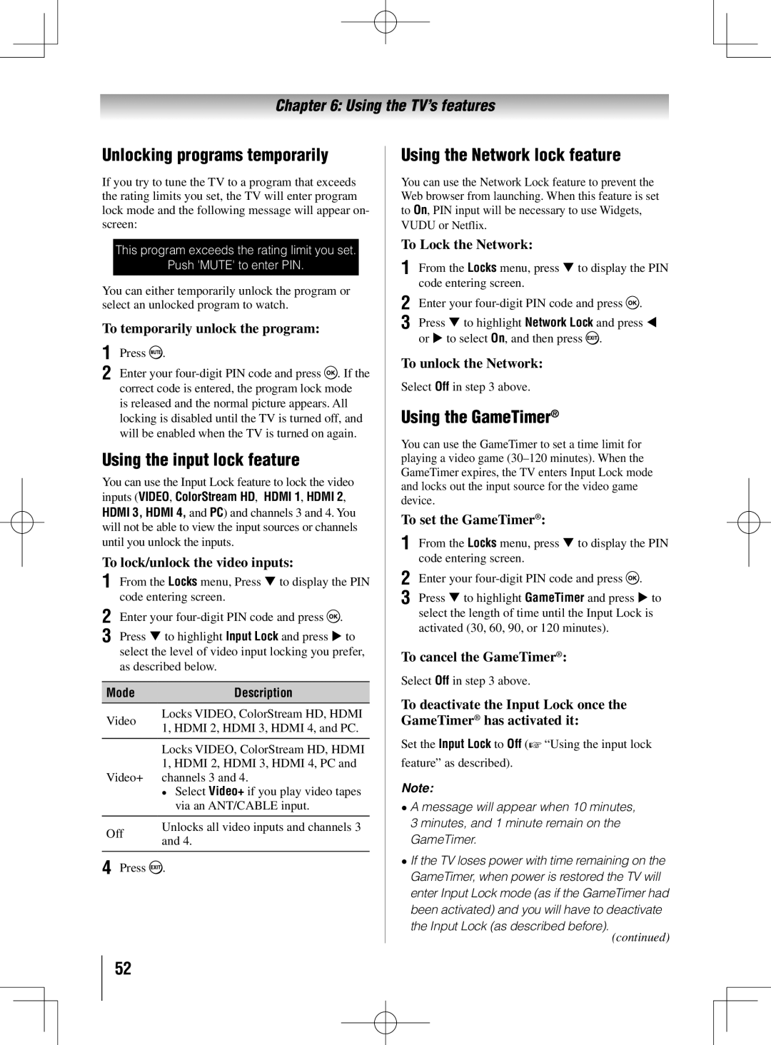 Toshiba 55UL605U, 40UL605U Unlocking programs temporarily, Using the input lock feature, Using the Network lock feature 