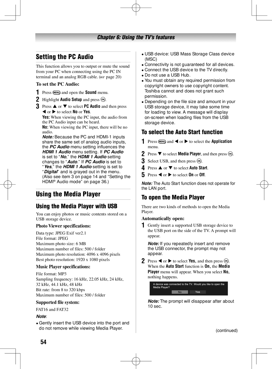 Toshiba 40UL605U, 55UL605U Setting the PC Audio, Using the Media Player with USB, To select the Auto Start function 