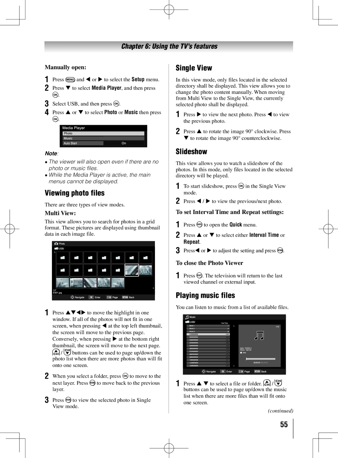 Toshiba 55UL605U, 40UL605U, 46UL605U owner manual Viewing photo files, Single View, Slideshow, Playing music files 