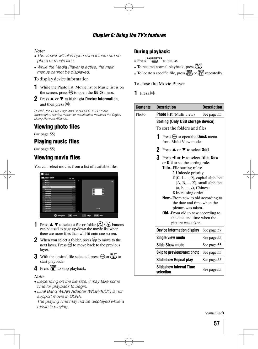 Toshiba 40UL605U Viewing photo files Playing music files Viewing movie files, During playback, To close the Movie Player 