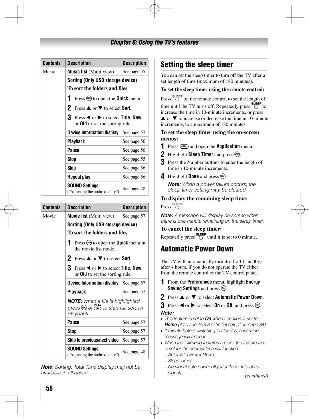 Toshiba 55UL605U, 40UL605U, 46UL605U owner manual Setting the sleep timer, Automatic Power Down 