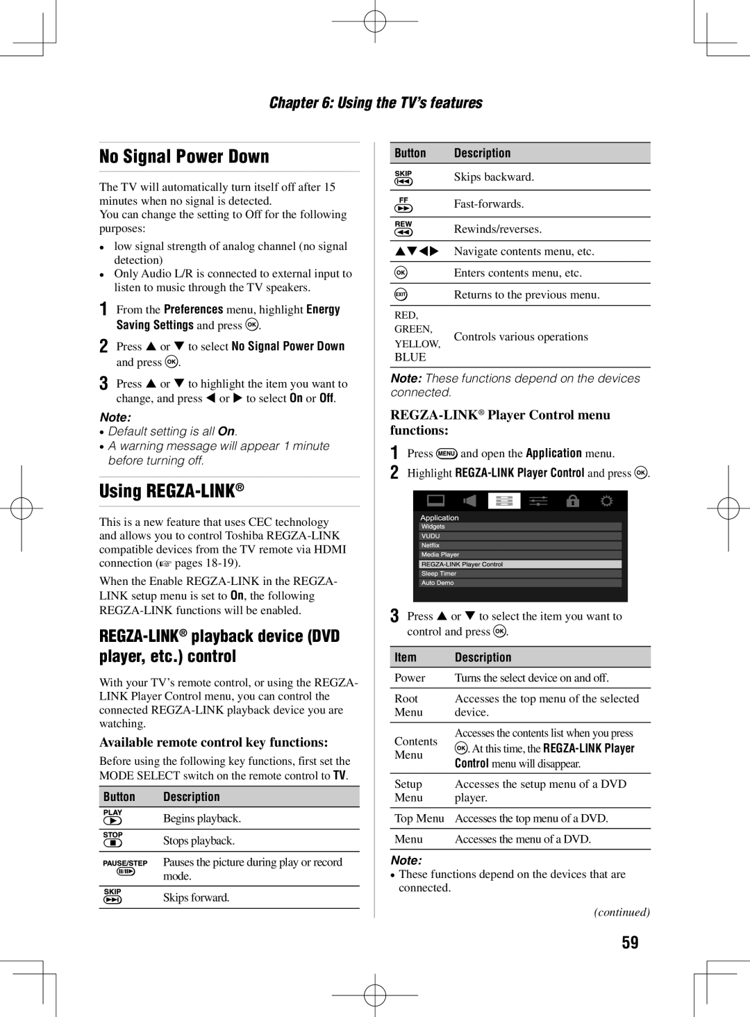 Toshiba 46UL605U, 40UL605U No Signal Power Down, Using REGZA-LINK, REGZA-LINKplayback device DVD player, etc. control 