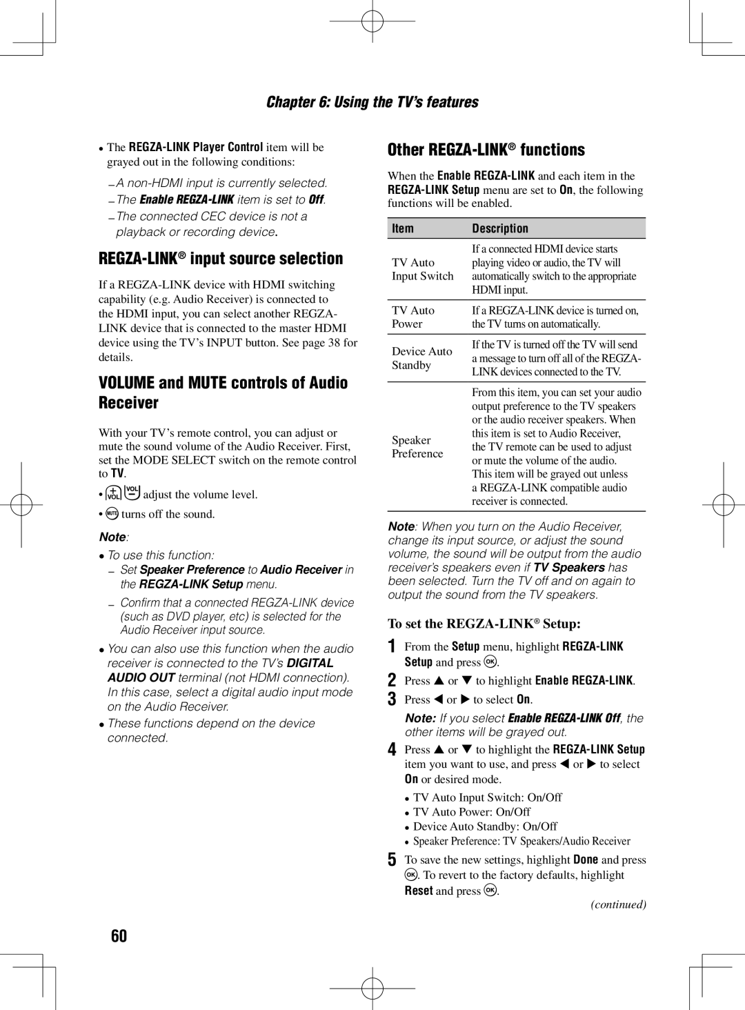 Toshiba 40UL605U Volume and Mute controls of Audio Receiver, Other REGZA-LINKfunctions, To set the REGZA-LINKSetup 