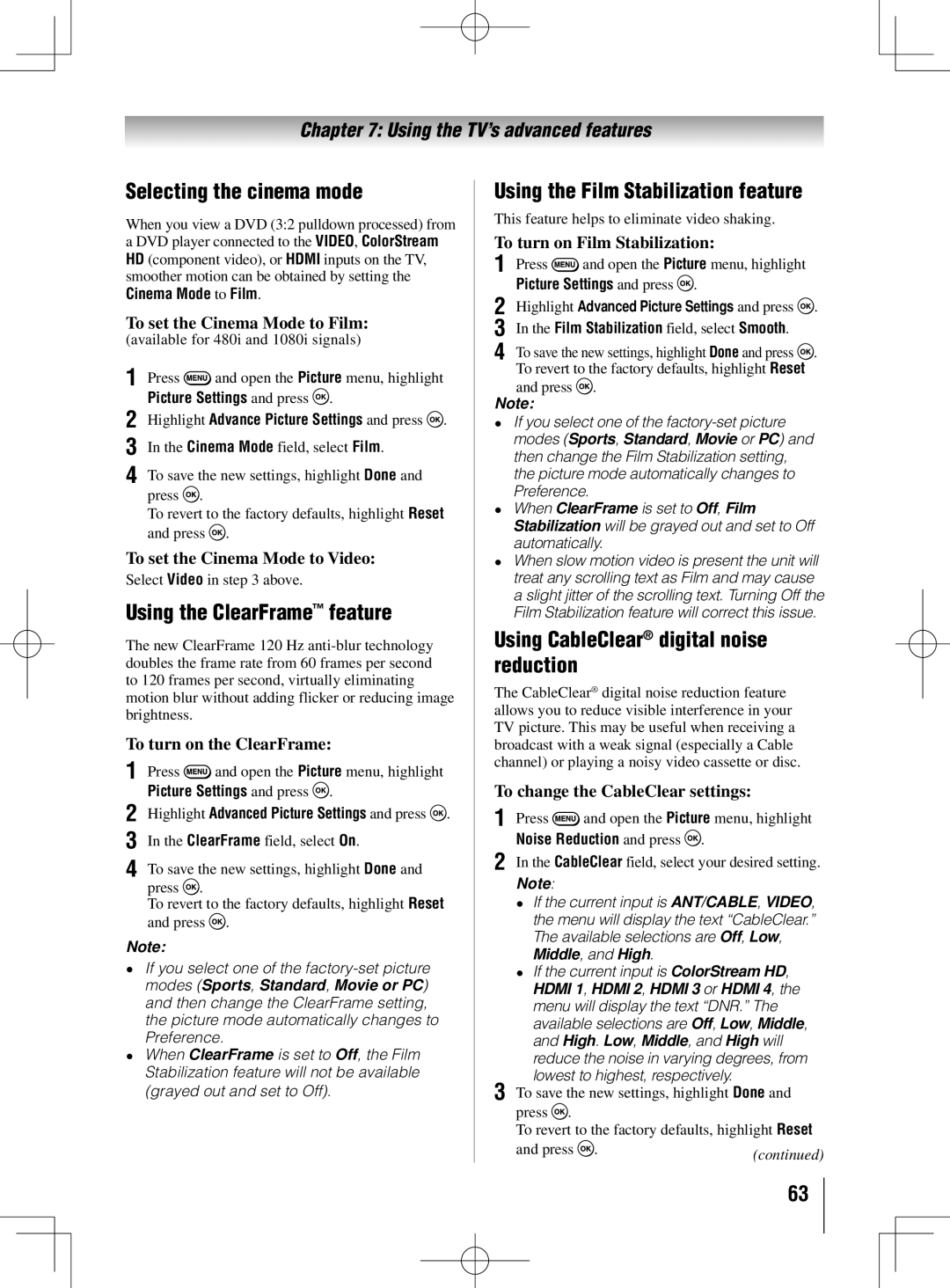 Toshiba 40UL605U, 55UL605U Selecting the cinema mode, Using the ClearFrame feature, Using the Film Stabilization feature 