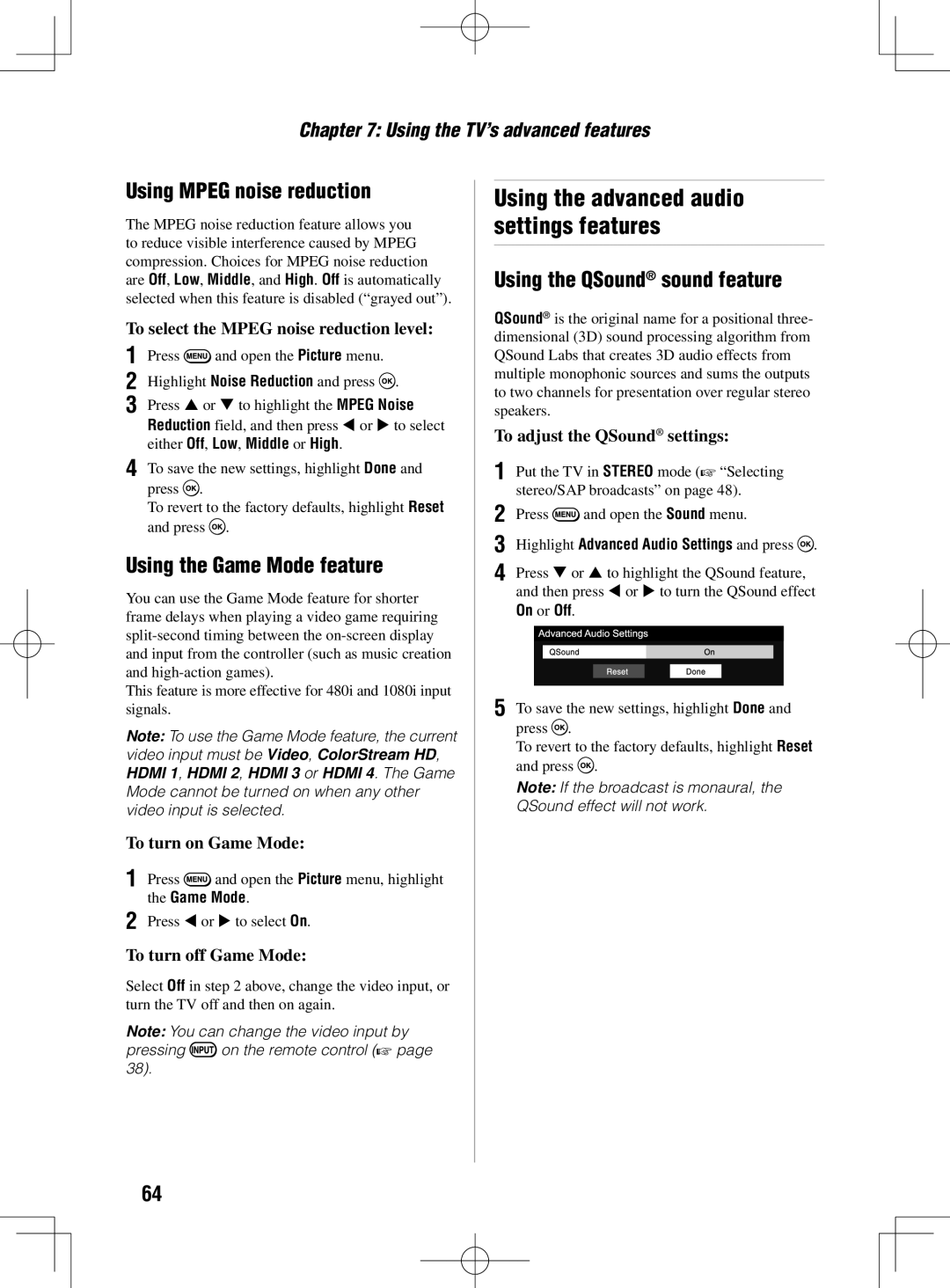 Toshiba 55UL605U Using the advanced audio settings features, Using Mpeg noise reduction, Using the Game Mode feature 