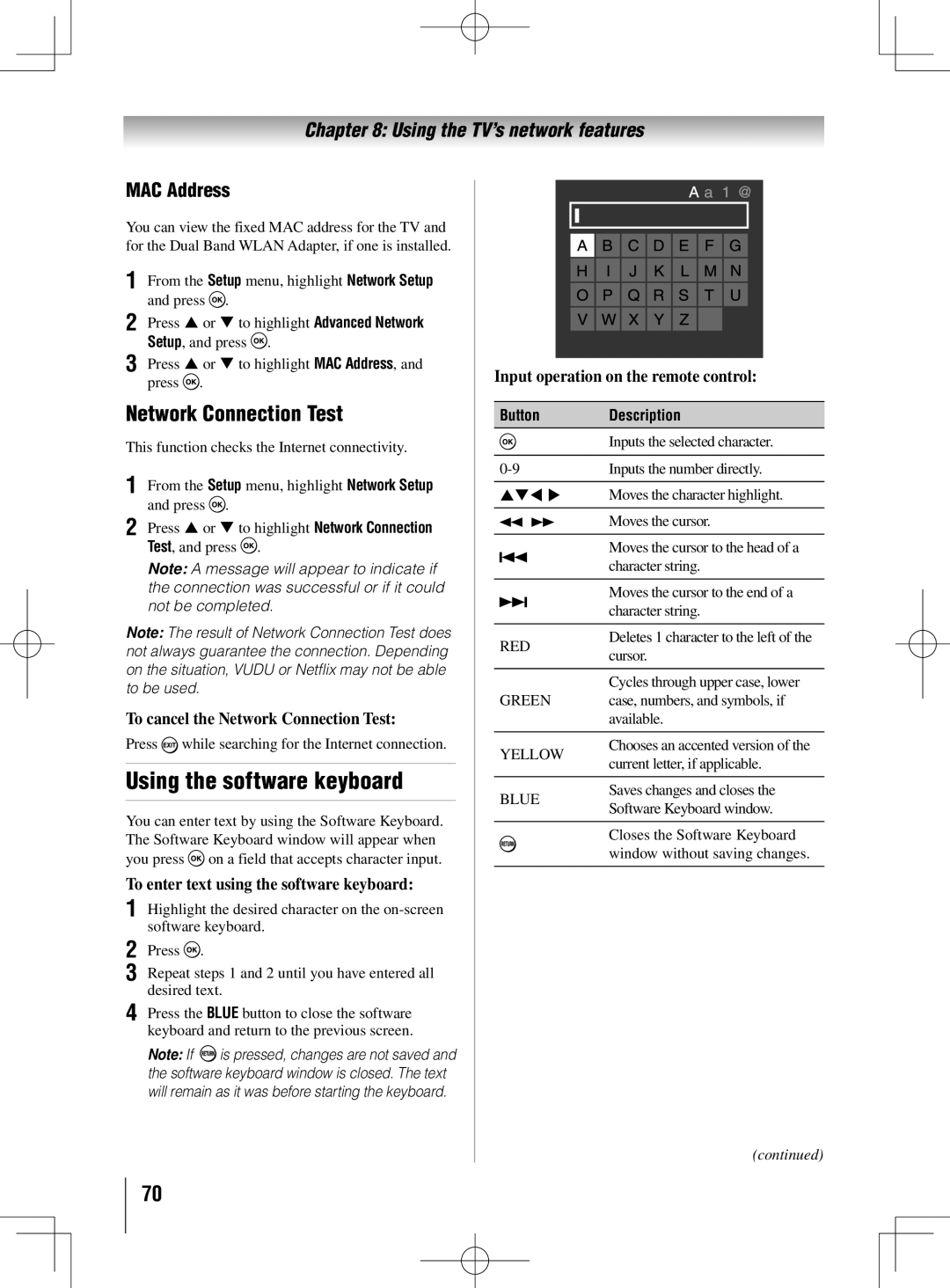 Toshiba 55UL605U, 40UL605U, 46UL605U owner manual Using the software keyboard, Network Connection Test, MAC Address 