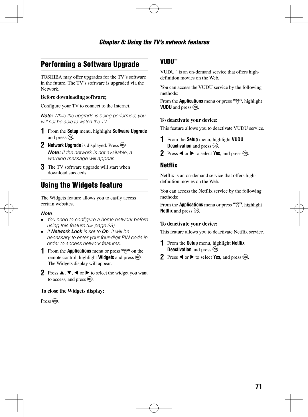 Toshiba 46UL605U, 40UL605U, 55UL605U owner manual Performing a Software Upgrade, Using the Widgets feature, Netflix 