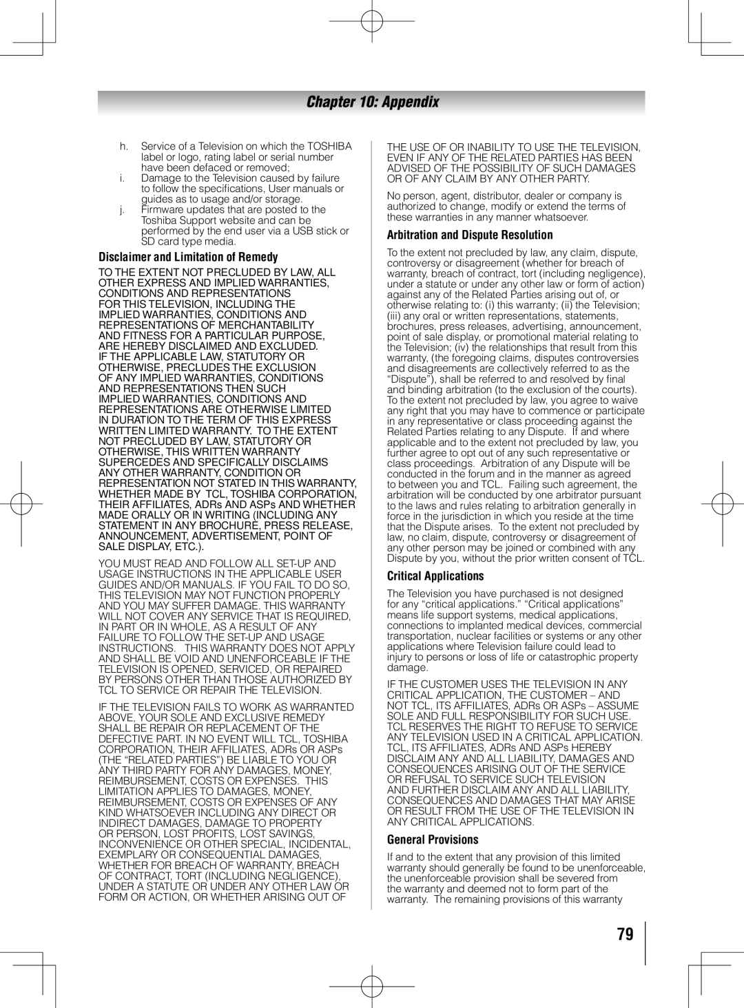 Toshiba 55UL605U, 40UL605U Disclaimer and Limitation of Remedy, Arbitration and Dispute Resolution, Critical Applications 