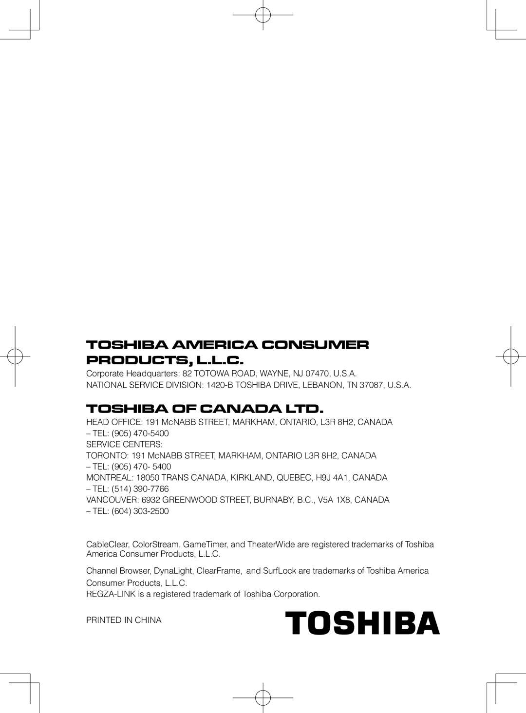 Toshiba 55UL605U, 40UL605U, 46UL605U owner manual Toshiba America Consumer PRODUCTS, L.L.C 