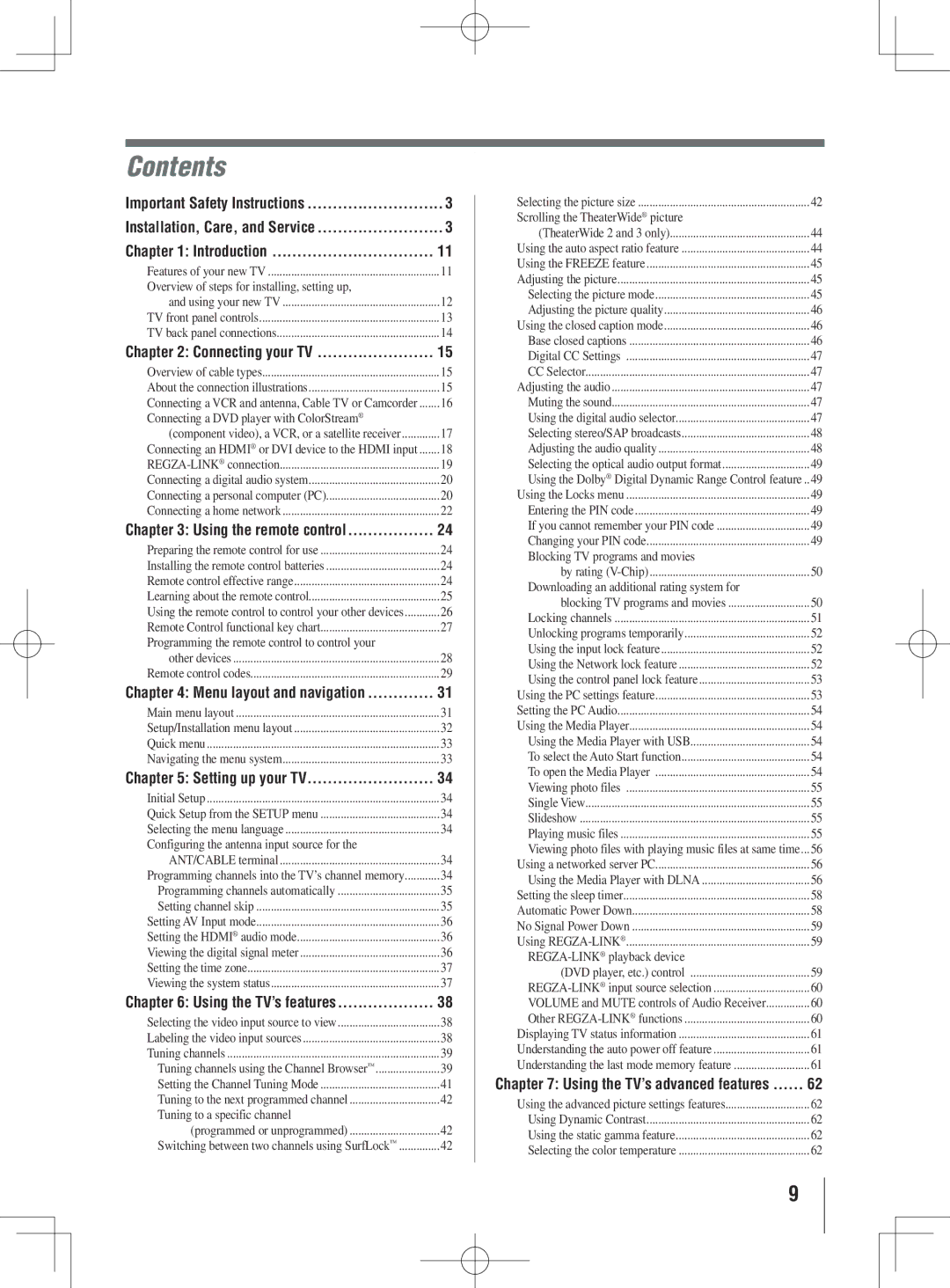 Toshiba 40UL605U, 55UL605U, 46UL605U owner manual Contents 